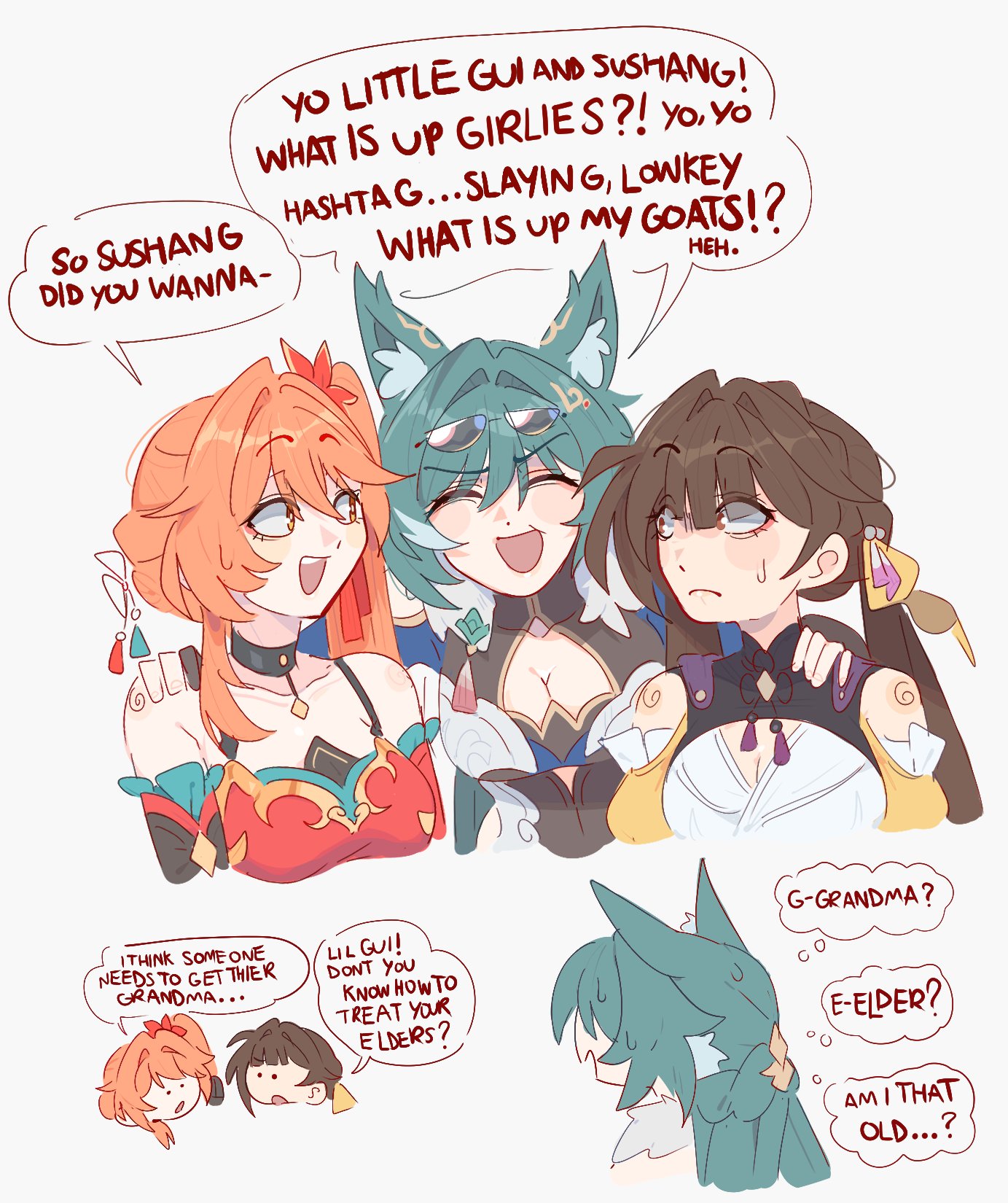 unfamousradish, guinaifen (honkai: star rail), sushang (honkai: star rail), yukong (honkai: star rail), honkai: star rail, honkai (series), commentary, english commentary, highres, 3girls, animal ear fluff, animal ears, bare shoulders, bell, black choker, breasts, brown eyes, brown hair, choker, cleavage, cleavage cutout, closed mouth, clothing cutout, collarbone, cropped torso, dress, english text, eyewear on head, flower, fox ears, fox girl, green hair, grey background, hair bell, hair between eyes, hair flower, hair ornament, large breasts, long hair, multiple girls, open mouth, orange eyes, orange hair, ponytail, red dress, side ponytail, simple background, smile, speech bubble, sunglasses, sweatdrop, teeth, twintails, upper teeth only, yellow sleeves