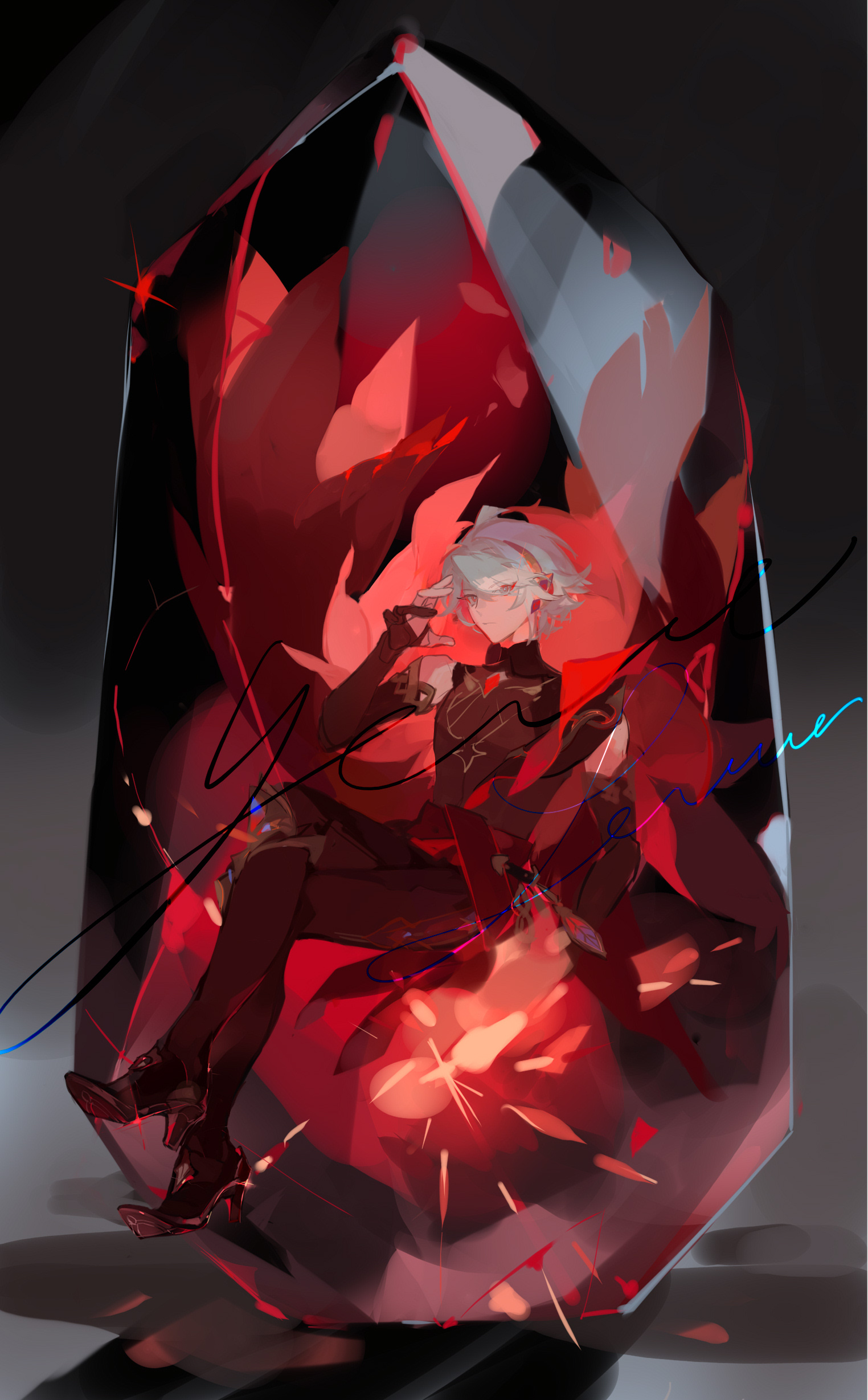 liulianjingrua, alhaitham (genshin impact), genshin impact, absurdres, commentary, highres, symbol-only commentary, 1boy, black bodysuit, black gloves, bodysuit, chest jewel, crossed legs, elbow gloves, full body, gem, gloves, grey hair, hair ornament, hand up, high heels, jewelry, looking at viewer, male focus, short hair, sitting, sleeveless, sleeveless turtleneck, solo, swept bangs, turtleneck