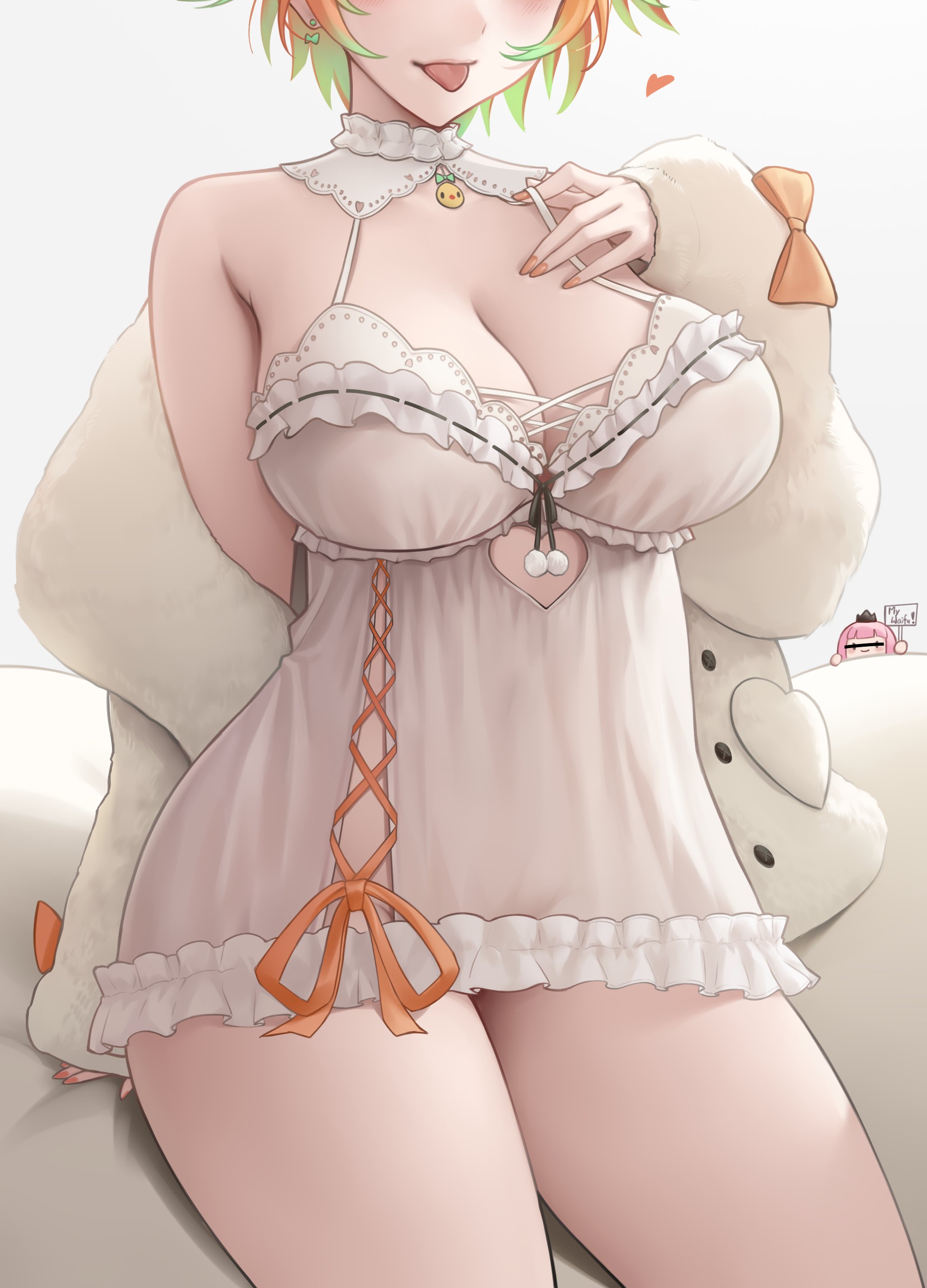 somebody (leiking00), mori calliope, smol calli, takanashi kiara, hololive, hololive english, absurdres, commentary, english commentary, highres, 1girl, babydoll, breasts, cleavage, clothes down, cross-laced clothes, earrings, eyes out of frame, fingernails, frilled babydoll, fur jacket, gradient hair, green hair, head out of frame, heart, jacket, jewelry, large breasts, multicolored hair, nail polish, official alternate costume, orange hair, orange nails, see-through babydoll, see-through clothes, single bare shoulder, sitting, sleepwear, solo focus, strap pull, takanashi kiara (cozy), thighs, tongue, tongue out, virtual youtuber, white babydoll, white jacket