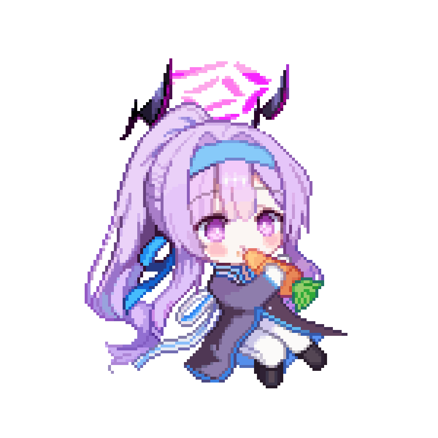 tinia etru, utaha (blue archive), utaha (cheer squad) (blue archive), blue archive, commentary, 1girl, black coat, black shoes, blue hairband, carrot, chibi, coat, eating, floating headgear, food, full body, hairband, halo, headgear, holding, holding food, long hair, pants, pixel art, ponytail, purple eyes, purple hair, purple halo, shoes, simple background, solo, white background, white pants