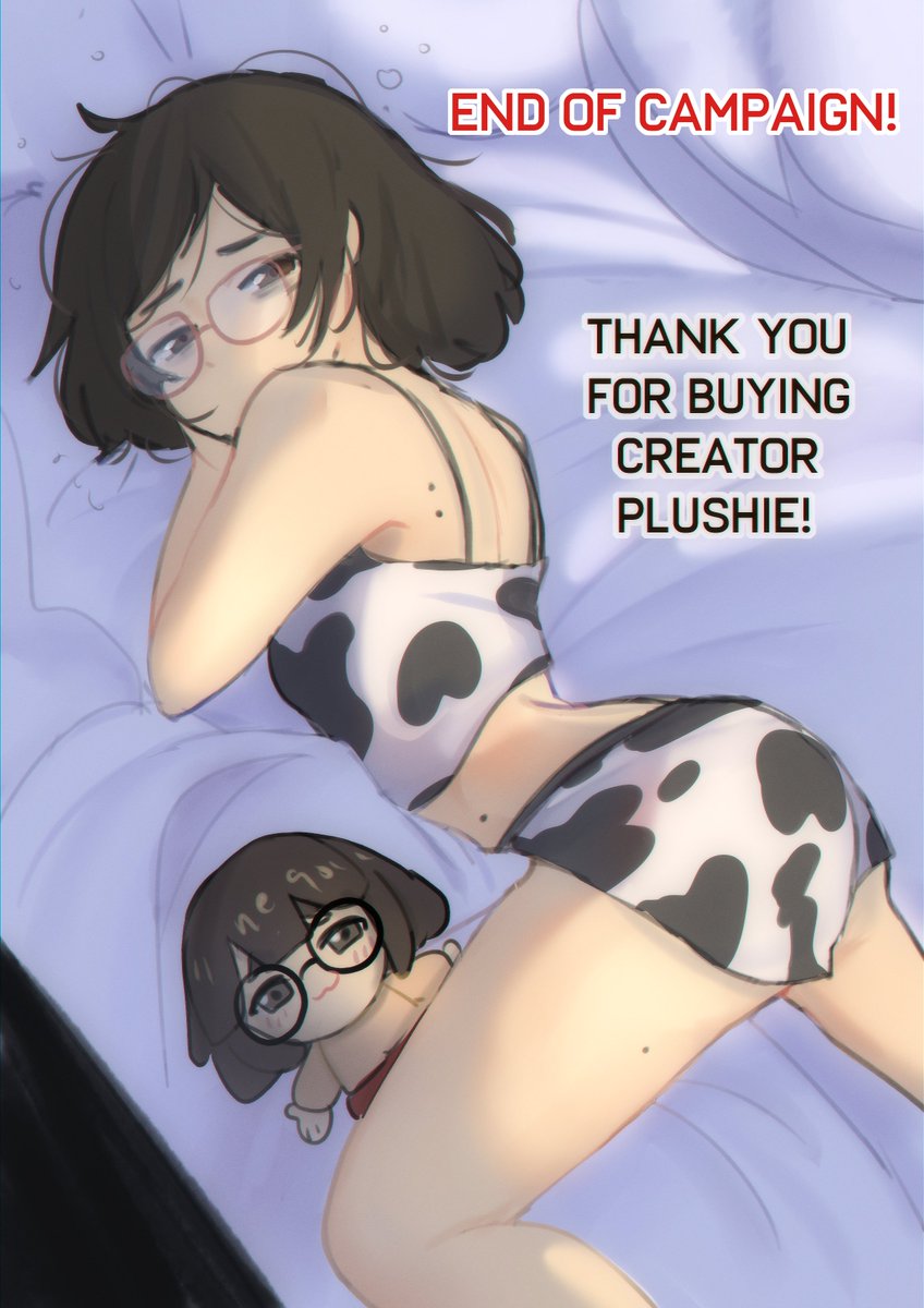 neqo (neneneqo), creator (neneneqo), 1girl, animal print, ass, bed, breasts, brown eyes, brown hair, cow print, exhausted, glasses, looking at viewer, midriff, mole, mole on back, mole on stomach, mole on thigh, shorts, sleepy, small breasts, solo, stuffed toy, thighs