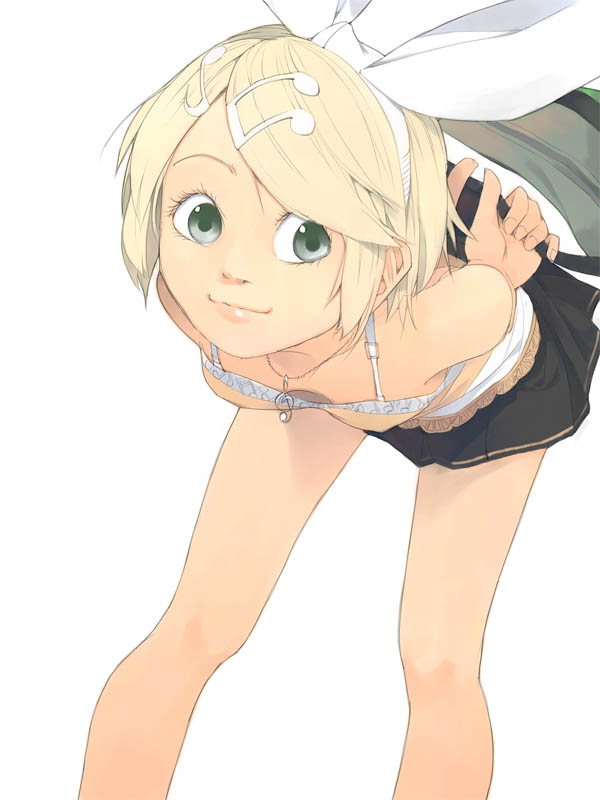 akinbo (hyouka fuyou), kagamine rin, vocaloid, 1girl, bent over, blonde hair, blue eyes, camisole, downblouse, female focus, flat chest, green eyes, hair ornament, hair ribbon, hairclip, jewelry, musical note, necklace, ribbon, short hair, skirt, smile, solo