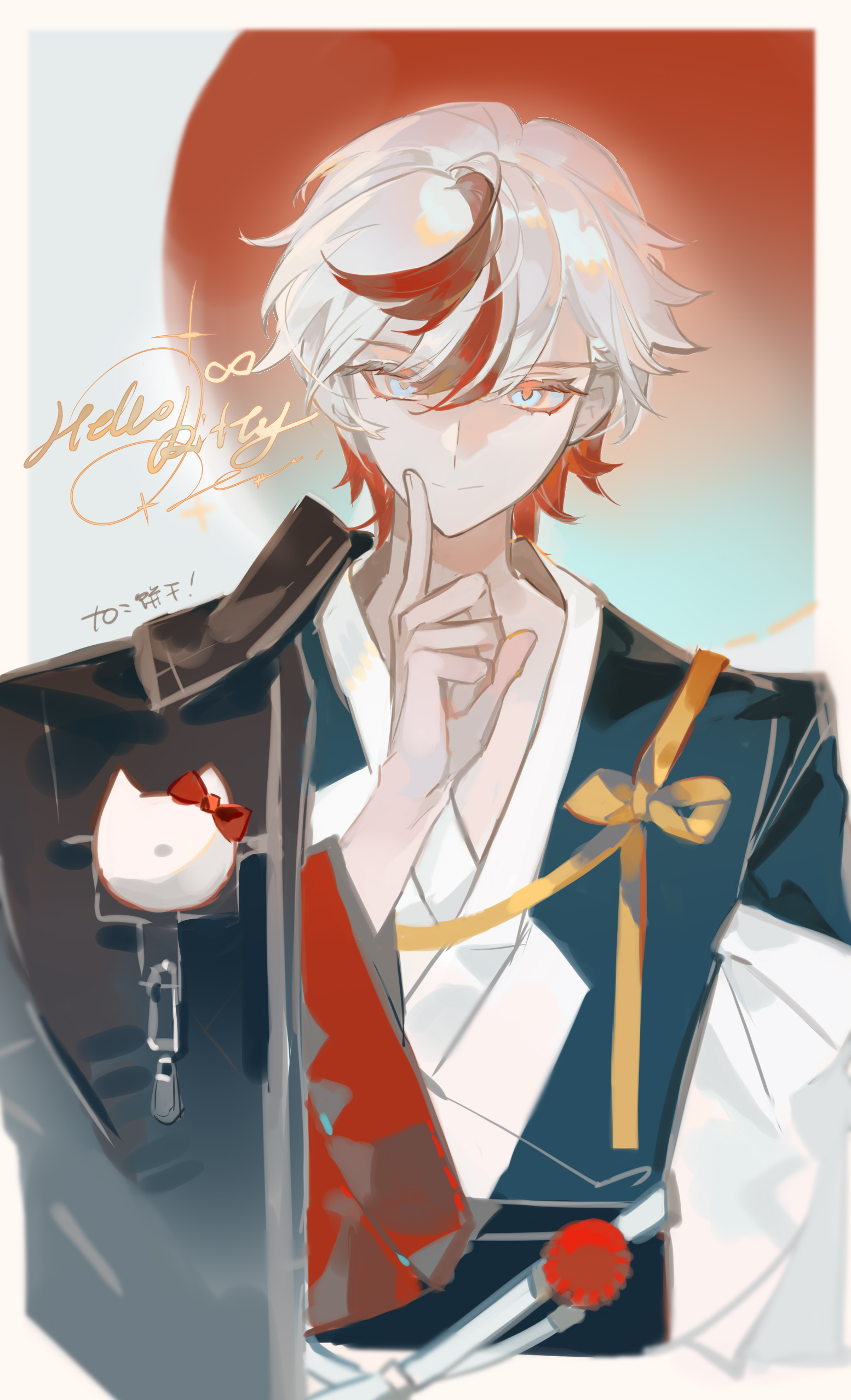 liulianjingrua, original, absurdres, highres, 1boy, bishounen, blue eyes, capelet, english text, finger to mouth, hair between eyes, index finger raised, japanese clothes, jewelry, kimono, long sleeves, looking at viewer, male focus, multicolored hair, red hair, ribbon, short hair, smile, solo, streaked hair, upper body, virtual youtuber, wide sleeves