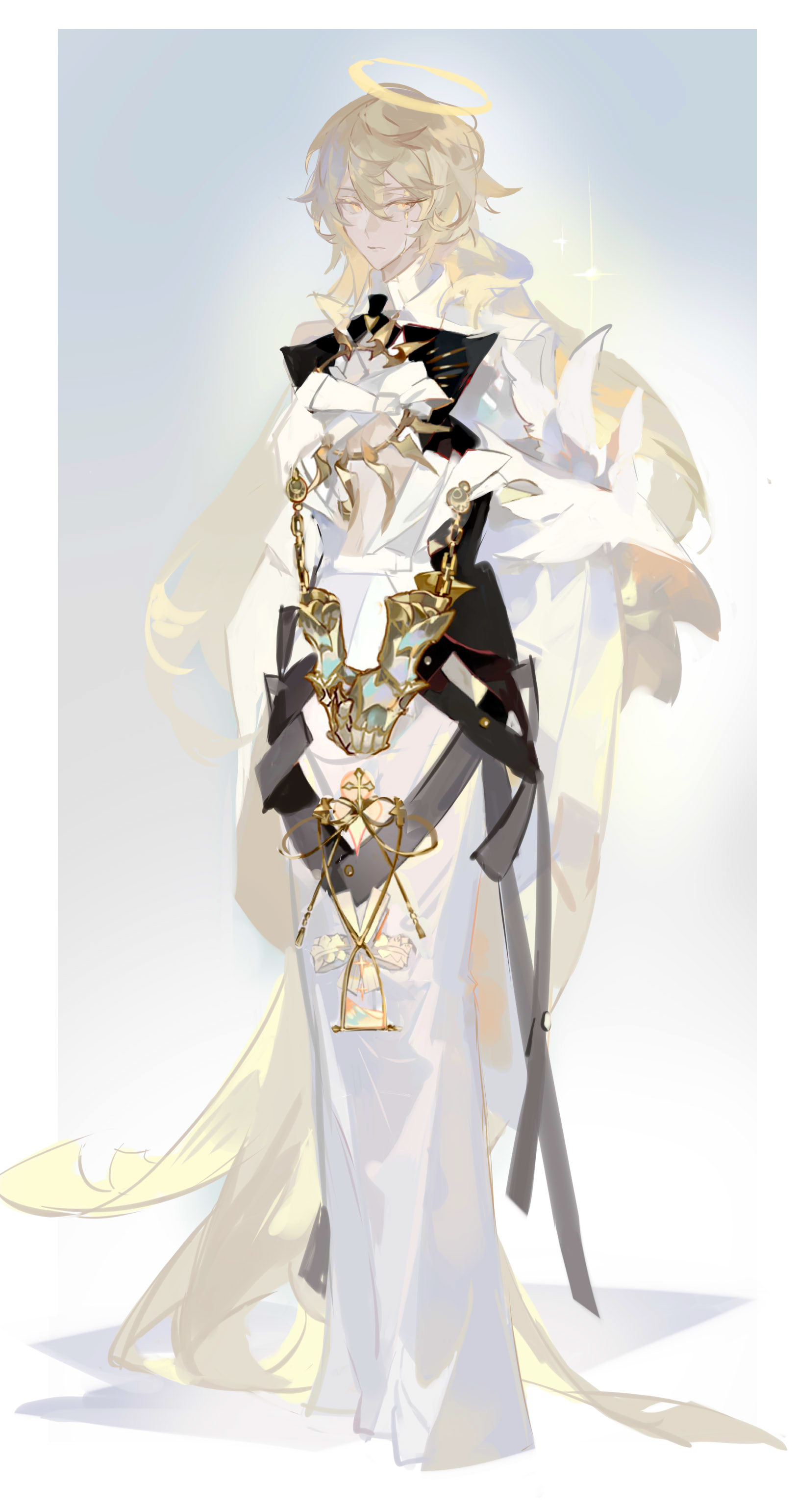 liulianjingrua, original, absurdres, highres, 1boy, blonde hair, full body, hair between eyes, halo, long hair, long sleeves, looking at viewer, male focus, solo, yellow eyes