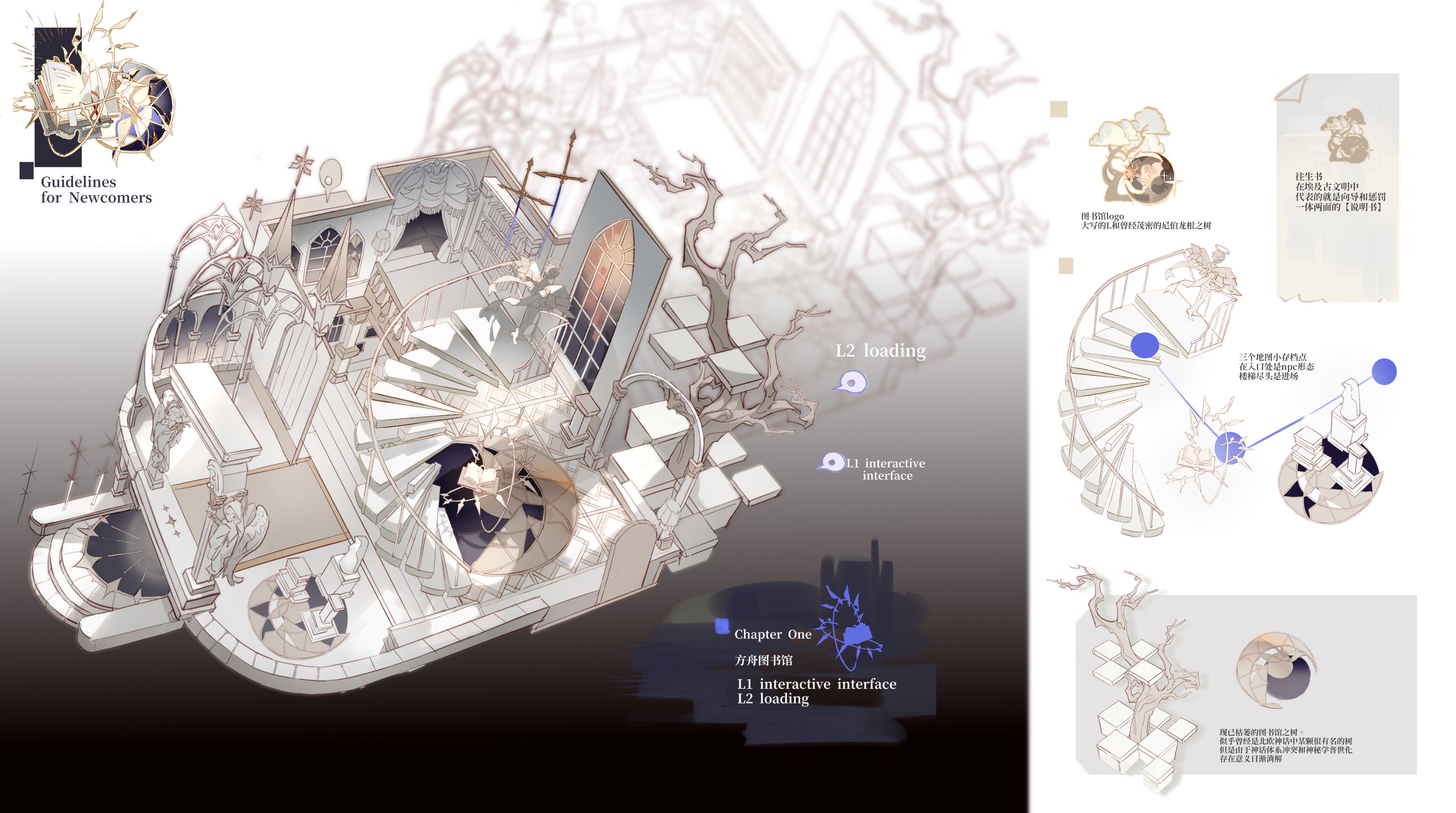 liulianjingrua, original, absurdres, highres, architecture, branch, chibi, cross, english text, european architecture, from above, gothic architecture, greco-roman architecture, no humans, stairs, window