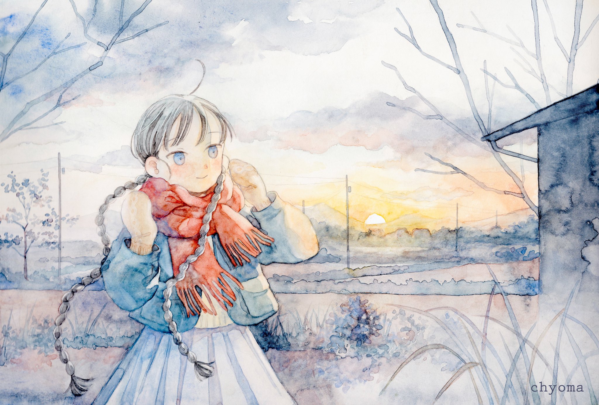 chyoma, original, commentary request, highres, painting (medium), traditional media, watercolor (medium), 1girl, ahoge, bare tree, black hair, blue eyes, blue jacket, blue skirt, braid, braided twintails, building, closed mouth, cloud, cowboy shot, hands up, jacket, long hair, long sleeves, mittens, mountainous horizon, outdoors, pleated skirt, red scarf, scarf, shirt, skirt, smile, solo, standing, sunset, tree, twin braids, twintails, twitter username, utility pole, white mittens, white shirt