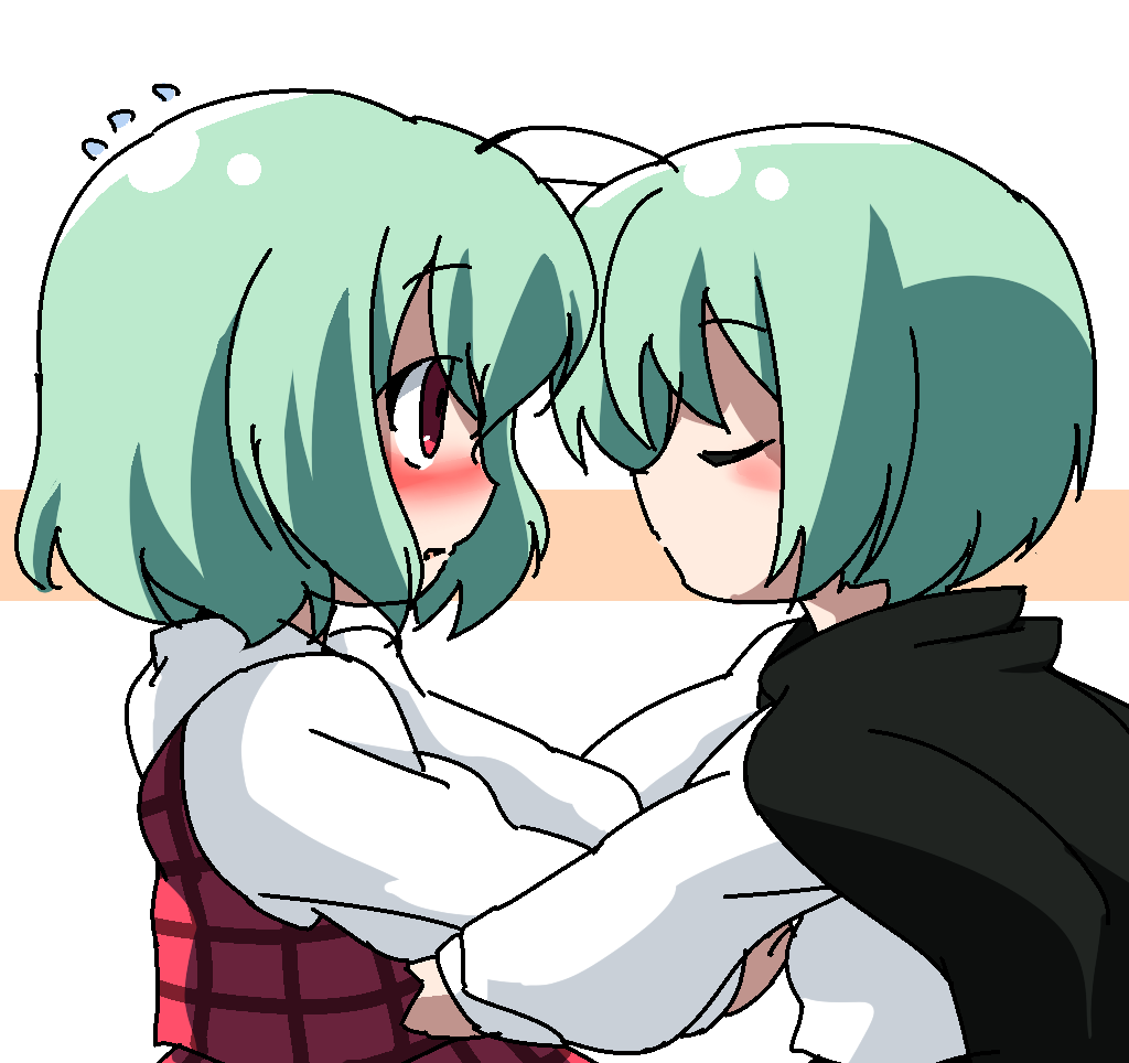 oka (bananashoe), kazami yuuka, wriggle nightbug, touhou, 2girls, antennae, blouse, blush, cape, closed eyes, female focus, green hair, imminent kiss, multiple girls, plaid clothes, plaid vest, profile, raised eyebrows, red eyes, shirt, short hair, simple background, sweatdrop, vest, white shirt, yuri