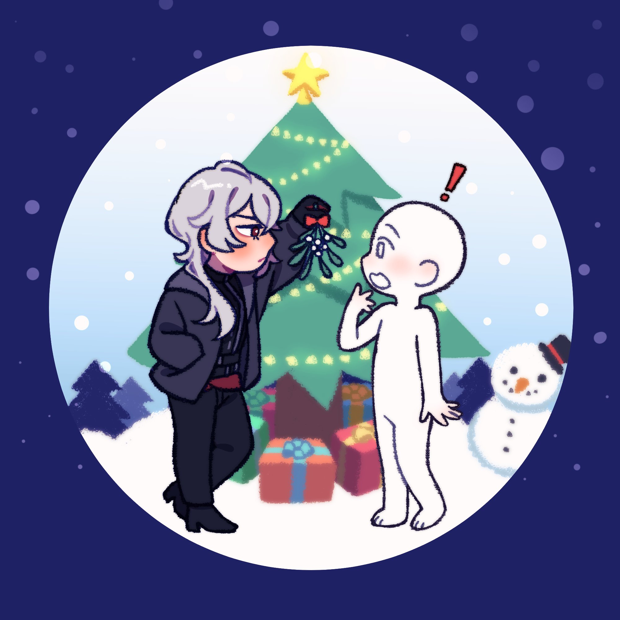 casper (a date with death), a date with death, highres, official art, promotional art, !, 1boy, 1other, black gloves, black shirt, chibi, chibi only, christmas lights, christmas tree, forest, full body, gift, gloves, grey jacket, hand in pocket, holding, holding mistletoe, jacket, jellyfish cut, male focus, mistletoe, muscular, muscular male, narrowed eyes, nature, shirt, short hair, sleeveless, sleeveless shirt, snowman, standing, star (symbol), tree, viewer self-insert, white hair