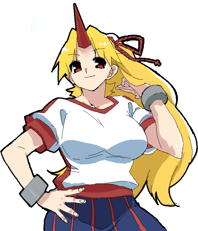 tonbi, hoshiguma yuugi, touhou, bad id, bad pixiv id, 1girl, alternate hairstyle, blonde hair, female focus, horns, long hair, red eyes, single horn, solo