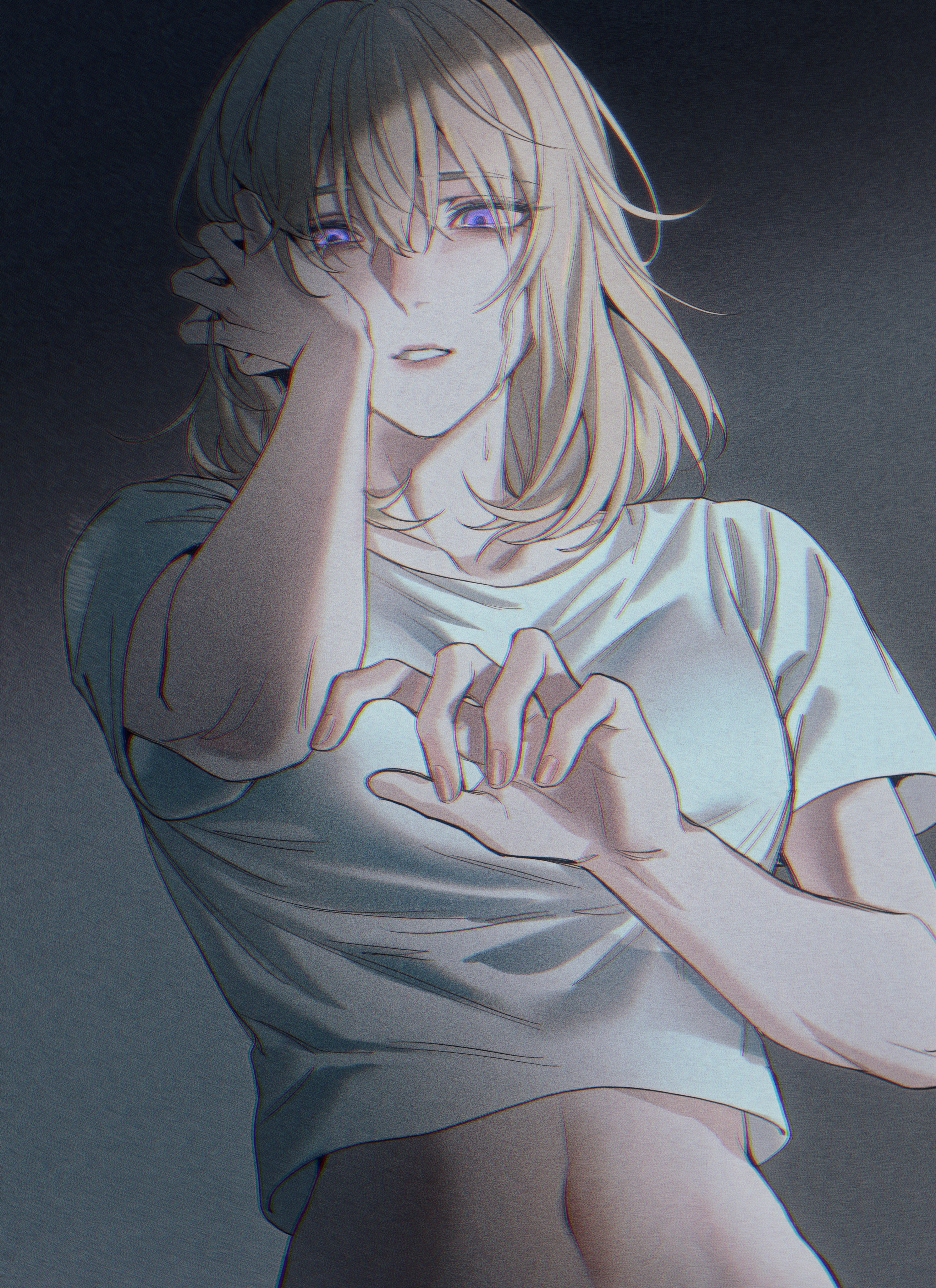 7nite, misumi uika, bang dream!, bang dream! it's mygo!!!!!, absurdres, commentary, english commentary, highres, 1girl, blonde hair, crying, crying with eyes open, film grain, hair between eyes, medium hair, midriff, open mouth, purple eyes, shirt, solo, tears, upper body, white shirt