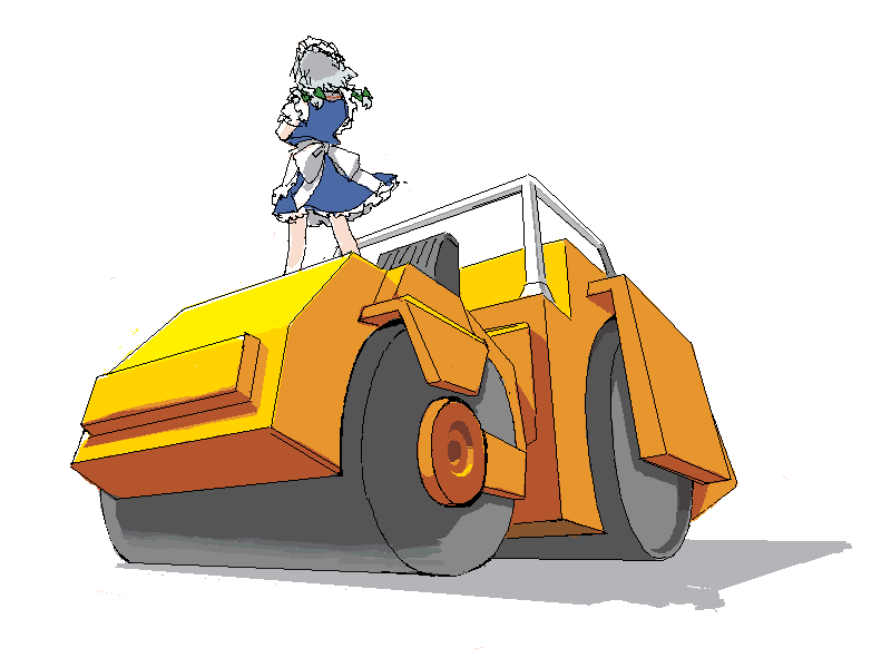 tonbi, izayoi sakuya, jojo no kimyou na bouken, touhou, silver hair, bad id, bad pixiv id, 1girl, apron, braid, female focus, from behind, maid, maid apron, maid headdress, oekaki, parody, ribbon, short hair, solo, steamroller, wryyyyyyyyyyyyyyyyyyyy