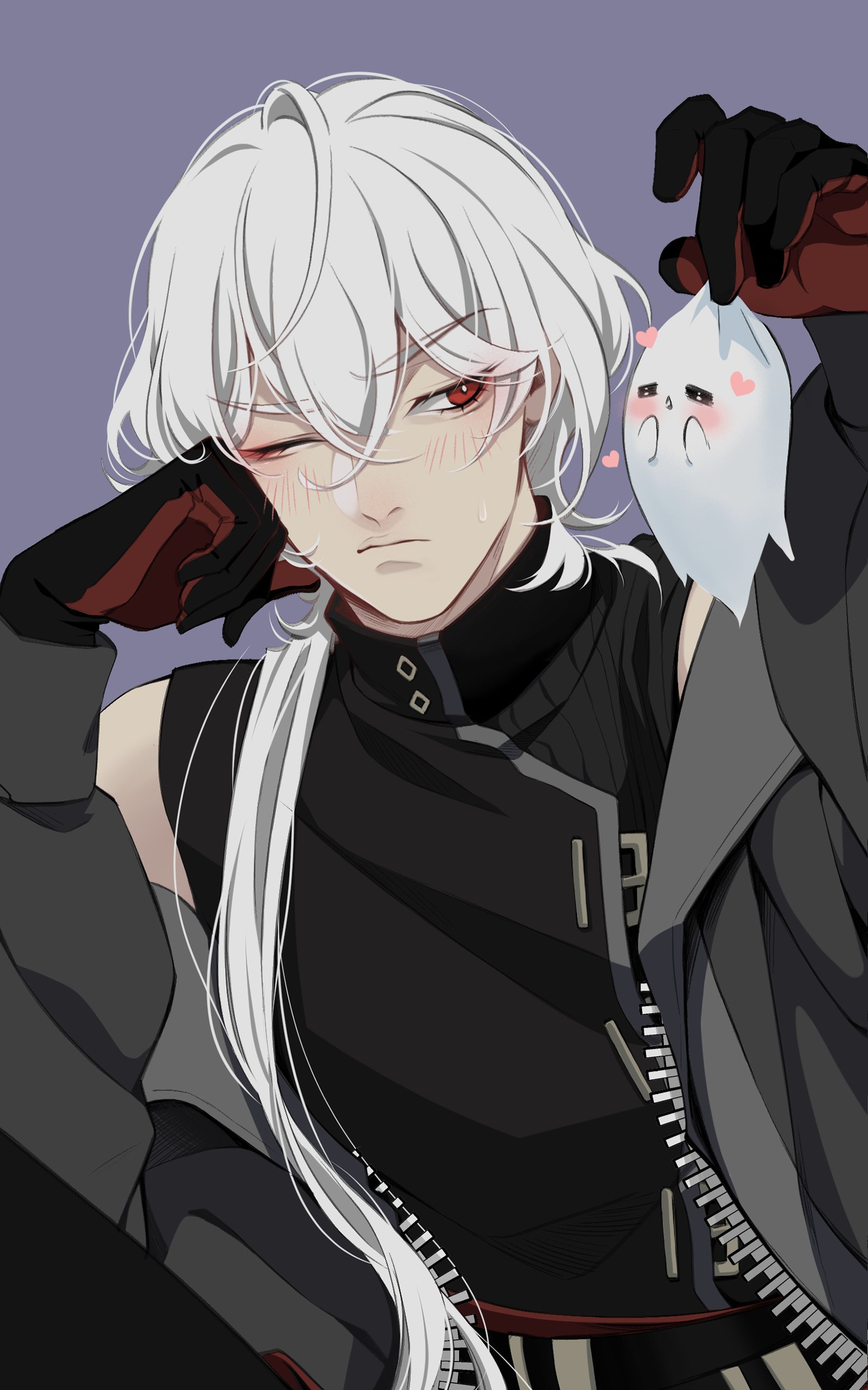 casper (a date with death), a date with death, absurdres, highres, official art, promotional art, 1boy, ;/, aegyo sal, black gloves, black shirt, blush, cowboy shot, ghost, gloves, grey jacket, hair over shoulder, hand on own face, head rest, heart, holding, jacket, jacket partially removed, jellyfish cut, looking at another, male focus, muscular, muscular male, one eye closed, open clothes, open jacket, shirt, short hair, sleeveless, sleeveless shirt, solo, viewer self-insert, white hair, zipper
