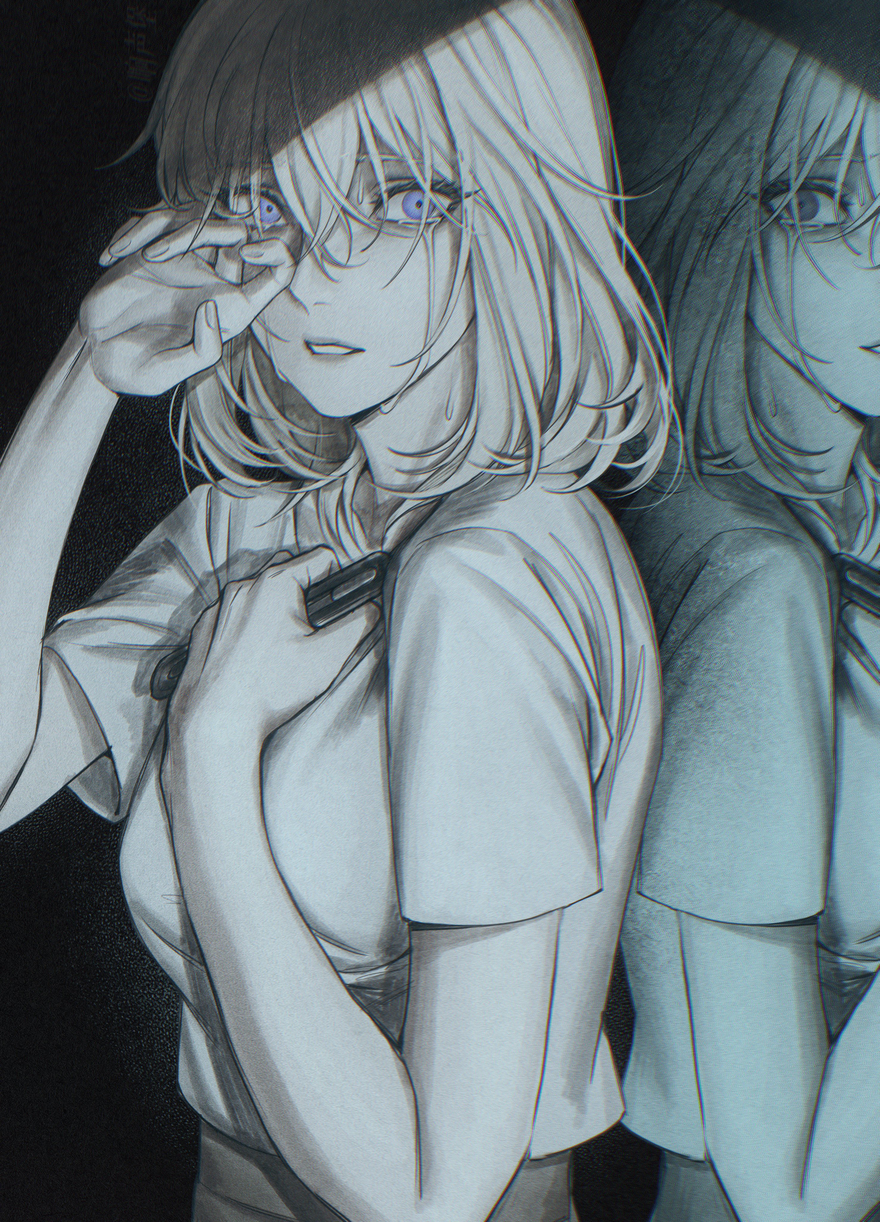 7nite, misumi uika, bang dream!, bang dream! it's mygo!!!!!, absurdres, commentary, english commentary, highres, 1girl, breasts, crying, crying with eyes open, film grain, hair between eyes, large breasts, open mouth, purple eyes, reflection, shirt, short sleeves, tears, upper body, white shirt, wiping tears