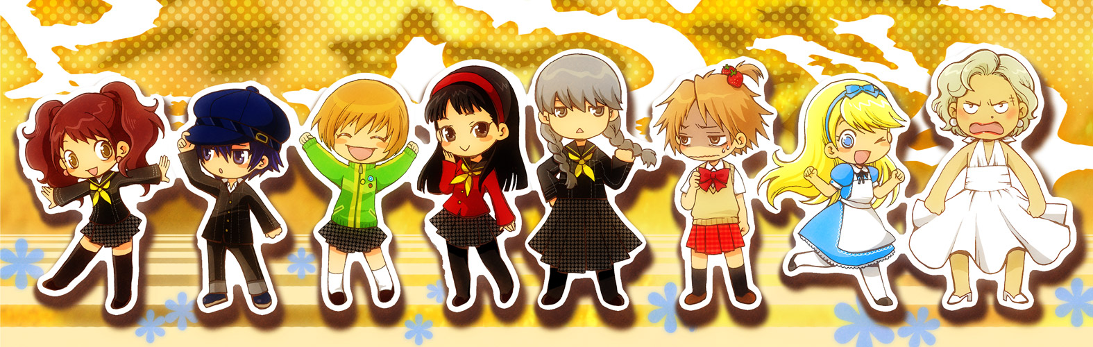 hachidori, alice (alice in wonderland), amagi yukiko, hanamura yousuke, kujikawa rise, kuma (persona 4), narukami yu, satonaka chie, shirogane naoto, tatsumi kanji, alice's adventures in wonderland, atlus, persona, persona 4, long image, wide image, 4boys, 4girls, alice (alice in wonderland) (cosplay), blonde hair, blush, brown hair, chibi, cosplay, crossdressing, everyone, hairband, hat, long hair, multiple boys, multiple girls, pantyhose, school uniform, short hair, smile, tomboy