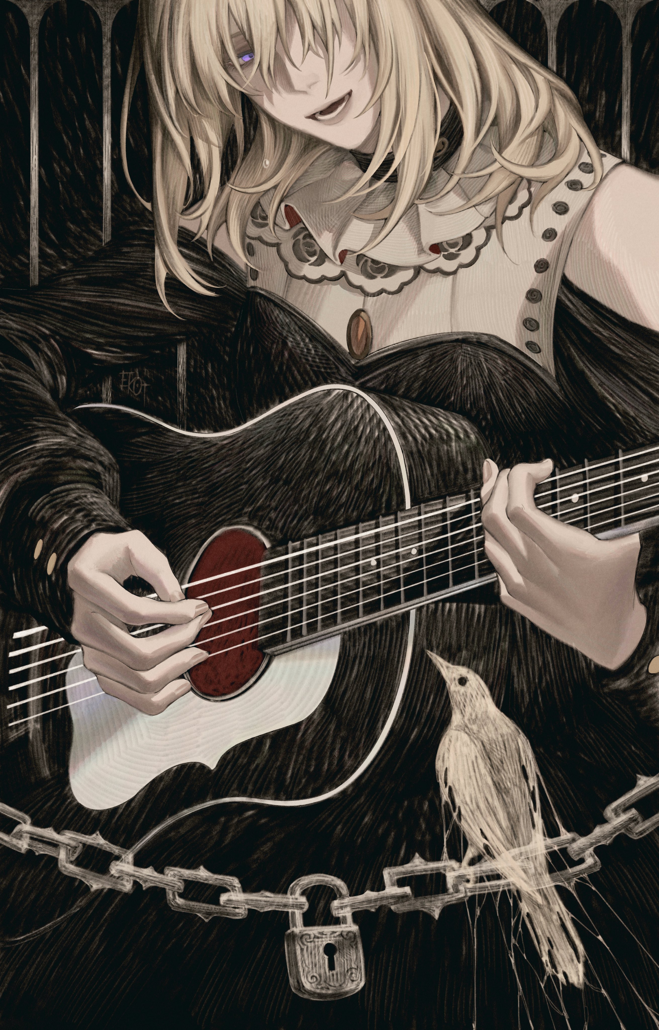 7nite, doloris (bang dream!), misumi uika, bang dream!, bang dream! it's mygo!!!!!, absurdres, chinese commentary, commentary request, highres, 1girl, acoustic guitar, bird, black dress, blonde hair, chain, clothing cutout, dress, guitar, hair between eyes, instrument, lock, long sleeves, music, playing guitar, playing instrument, purple eyes, shoulder cutout, solo
