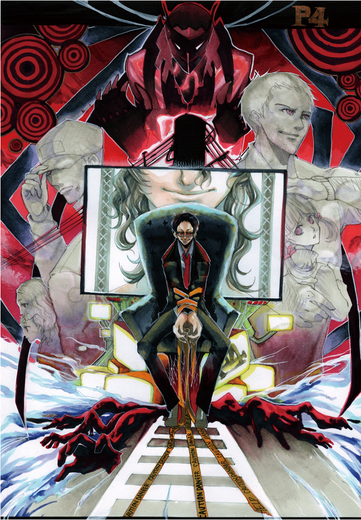 adachi tooru, doujima nanako, doujima ryoutarou, izanami (persona), magatsu izanagi, namatame tarou, atlus, persona, persona 4, spoilers, traditional media, 2girls, 5boys, bdsm, black hair, bondage, bound, bound wrists, male focus, multiple boys, multiple girls, red eyes, short hair, smile