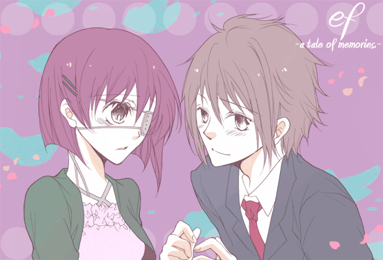 mamimi, asou renji, shindou chihiro, ef (visual novel), bad id, bad pixiv id, 00s, 1boy, 1girl, :o, brown eyes, brown hair, collarbone, couple, dress shirt, eyepatch, formal clothes, jewelry, long sleeves, necklace, necktie, parted lips, pendant, red necktie, shirt, sidelocks, suit, upper body