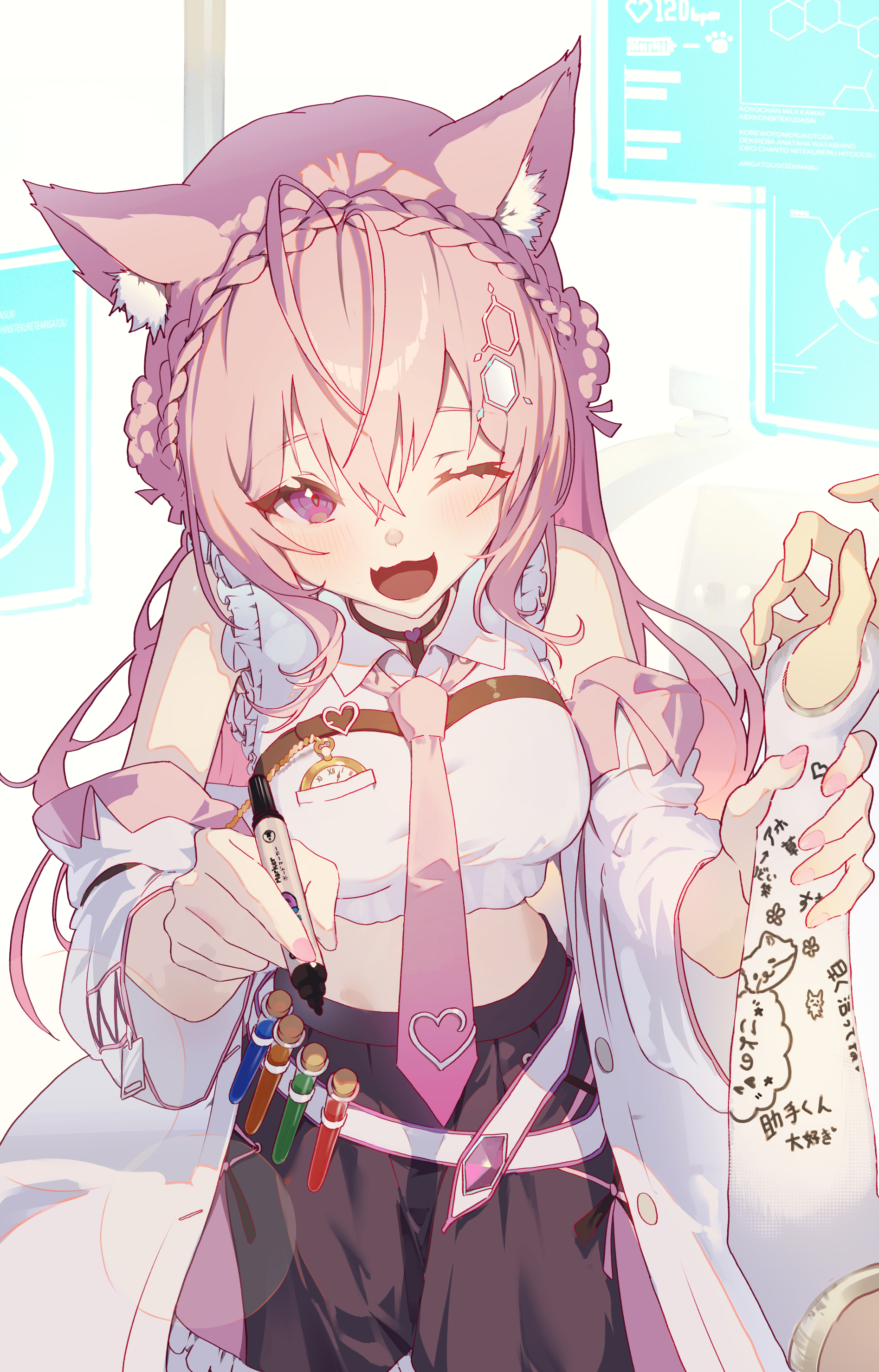mont blanca, hakui koyori, hakui koyori (1st costume), hololive, absurdres, highres, 1girl, animal ear fluff, animal ears, bare shoulders, black skirt, braid, breasts, chest belt, coat partially removed, crown braid, grabbing another's arm, hexagon hair ornament, holding, holding another's arm, holding marker, lab coat, long hair, looking at viewer, marker, midriff, necktie, one eye closed, pink hair, pink necktie, purple eyes, shirt, skirt, sleeveless, sleeveless shirt, smile, tail, vial, virtual youtuber, white shirt, wolf ears, wolf girl, wolf tail