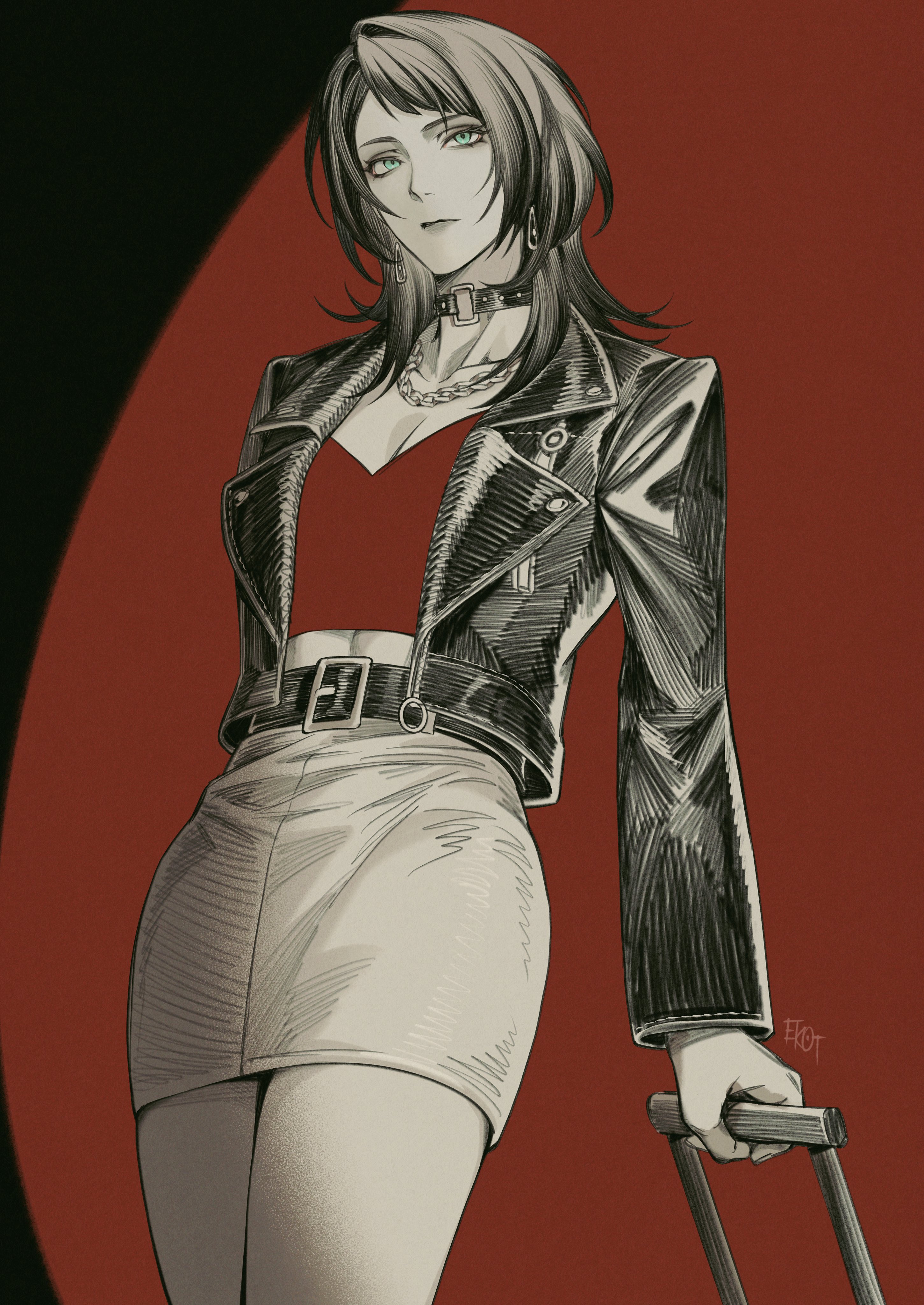 7nite, yahata umiri, bang dream!, bang dream! it's mygo!!!!!, absurdres, commentary, english commentary, highres, 1girl, black choker, black hair, black jacket, blue eyes, breasts, choker, cleavage, earrings, grey skirt, jacket, jewelry, necklace, red background, red shirt, shirt, skirt, solo, upper body