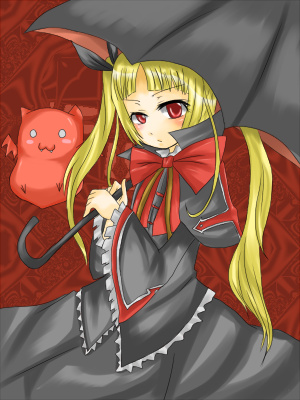 kazama0411, gii, rachel alucard, arc system works, blazblue, bad id, bad pixiv id, lowres, 1girl, bat (animal), blonde hair, blush, bow, dress, female focus, gothic lolita, hair ribbon, lolita fashion, long hair, red bow, red eyes, ribbon, solo, twintails, umbrella, vampire