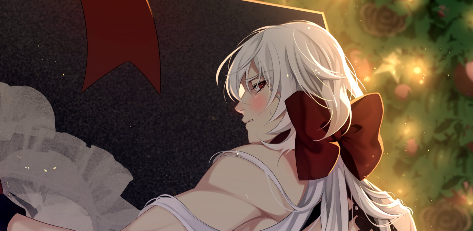 casper (a date with death), a date with death, highres, official art, promotional art, 1boy, backlighting, black gloves, black shirt, blush, bow, christmas tree, gloves, grey jacket, hair bow, jacket, jellyfish cut, light particles, looking at viewer, looking back, male focus, muscular, muscular male, no shirt, shirt, short hair, sleeveless, sleeveless shirt, solo, upper body, white hair