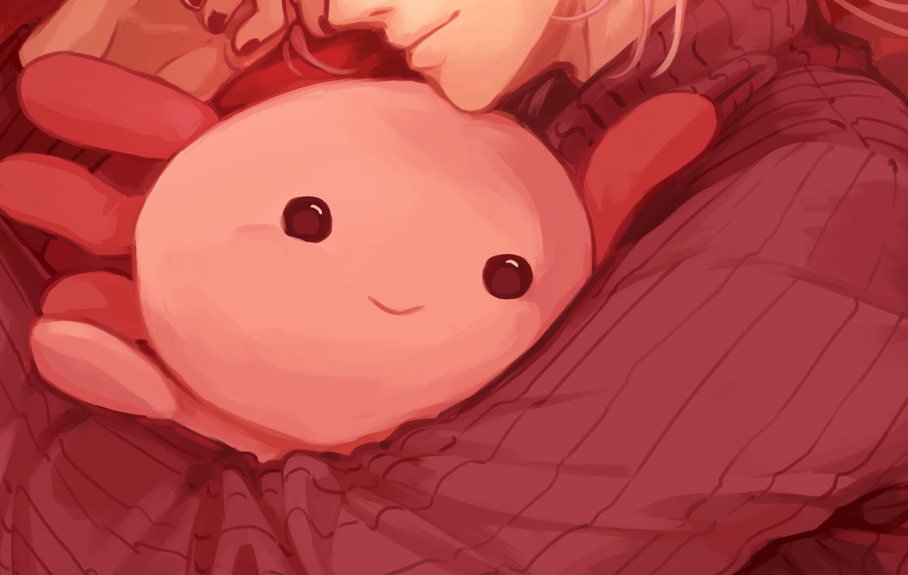 casper (a date with death), a date with death, highres, official art, promotional art, 1boy, axolotl, bed, black gloves, black shirt, close-up, gloves, grey jacket, hugging object, jacket, jellyfish cut, lying, muscular, muscular male, object focus, on side, out of frame, shirt, short hair, sleeveless, sleeveless shirt, smile, striped clothes, striped sweater, stuffed animal, stuffed toy, sweater, turtleneck, turtleneck sweater, white hair