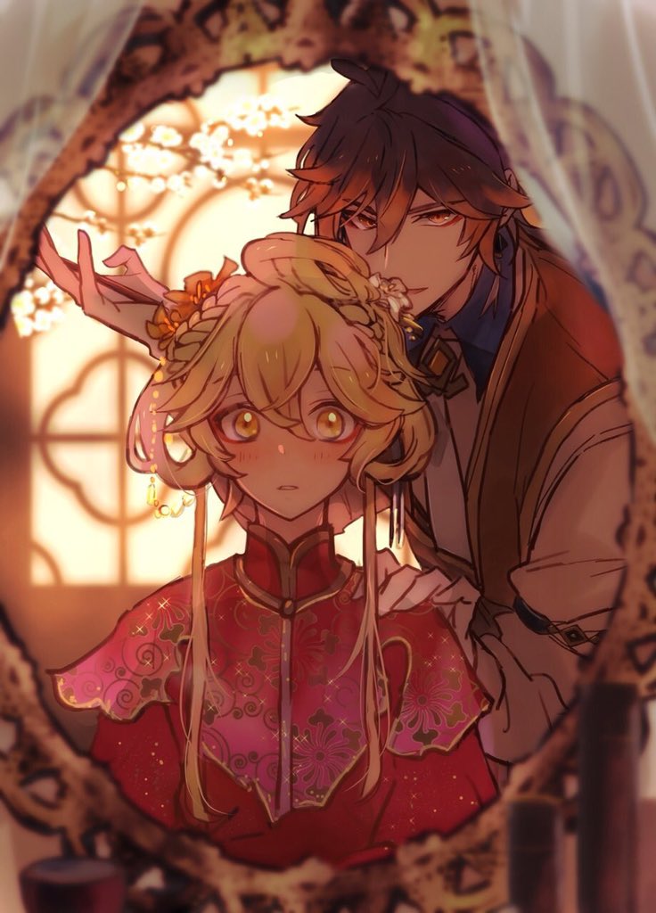 hinata0313, aether (genshin impact), zhongli (genshin impact), genshin impact, commentary request, partial commentary, 2boys, black hair, blonde hair, blush, braid, chinese clothes, crossdressing, crossdressing (mtf), crown braid, dress, earrings, gradient hair, jewelry, long hair, looking at mirror, male focus, mirror, multicolored hair, multiple boys, necklace, red dress, single earring, vest, yaoi, yellow eyes