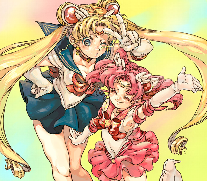 nitako, chibi usa, sailor chibi moon, sailor moon, super sailor chibi moon (stars), tsukino usagi, bishoujo senshi sailor moon, bishoujo senshi sailor moon (first season), bishoujo senshi sailor moon sailor stars, bishoujo senshi sailor moon stars, 1990s (style), 2girls, blonde hair, blue eyes, blue sailor collar, blue skirt, bow, brooch, choker, closed eyes, cone hair bun, double bun, earrings, elbow gloves, female focus, gloves, hair bun, jewelry, long hair, magical girl, multiple girls, one eye closed, pink hair, red bow, retro artstyle, sailor collar, sailor senshi, sailor senshi uniform, school uniform, short twintails, skirt, star brooch, tiara, twintails, v, white gloves, wink