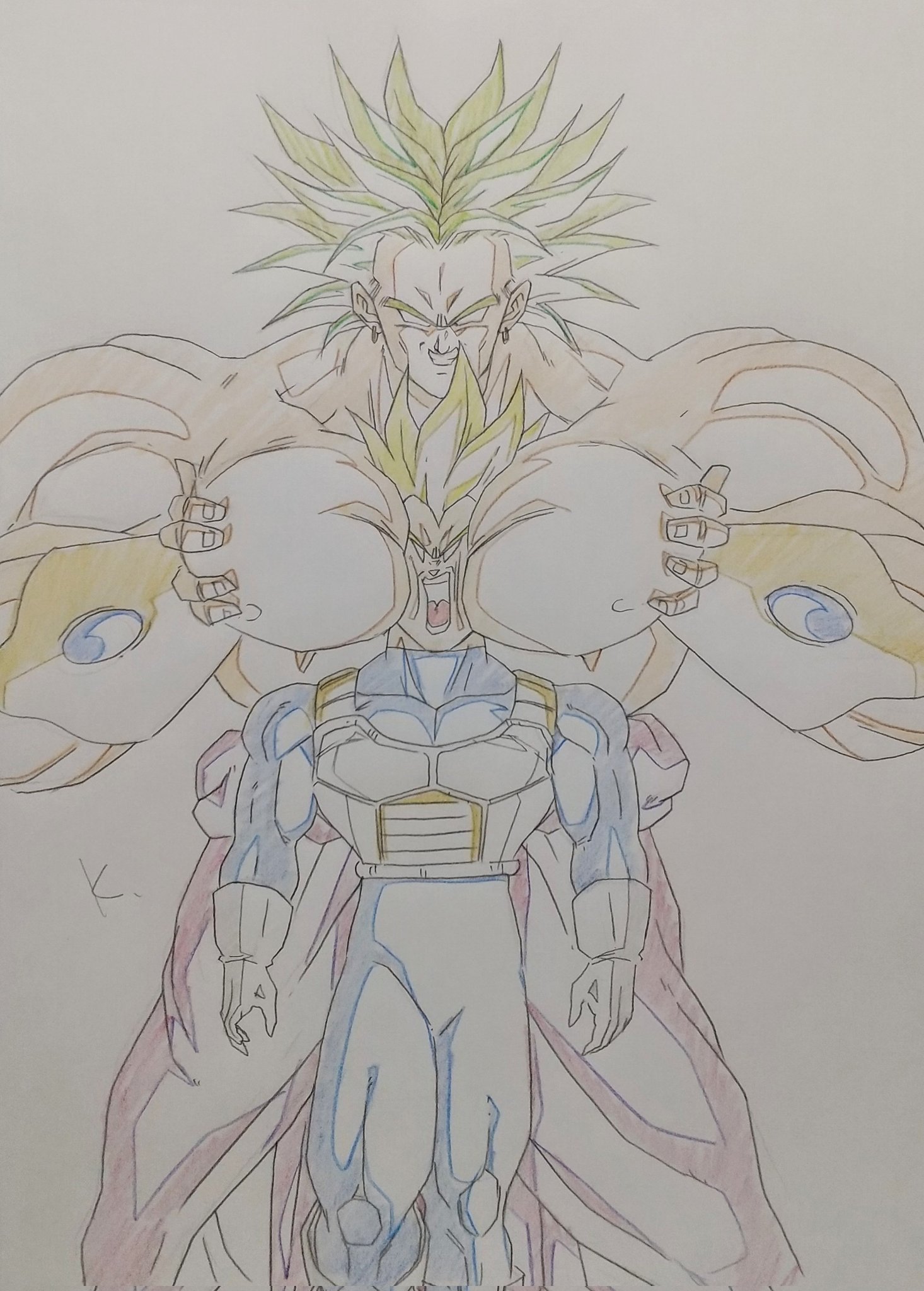 kakeru (dbskakeru), broly (dragon ball z), vegeta, dragon ball, dragonball z, highres, 2boys, blank eyes, bracelet, broad shoulders, evil grin, evil smile, grin, jewelry, male focus, multiple boys, muscular, muscular male, nipples, open mouth, pectoral squeeze, saiyan armor, simple background, sketch, smile, spiked hair, super saiyan, super saiyan 1