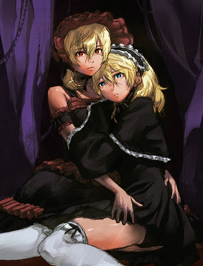 chyko, 2girls, blonde hair, blue eyes, gothic lolita, lolita fashion, multiple girls, red eyes, thighhighs