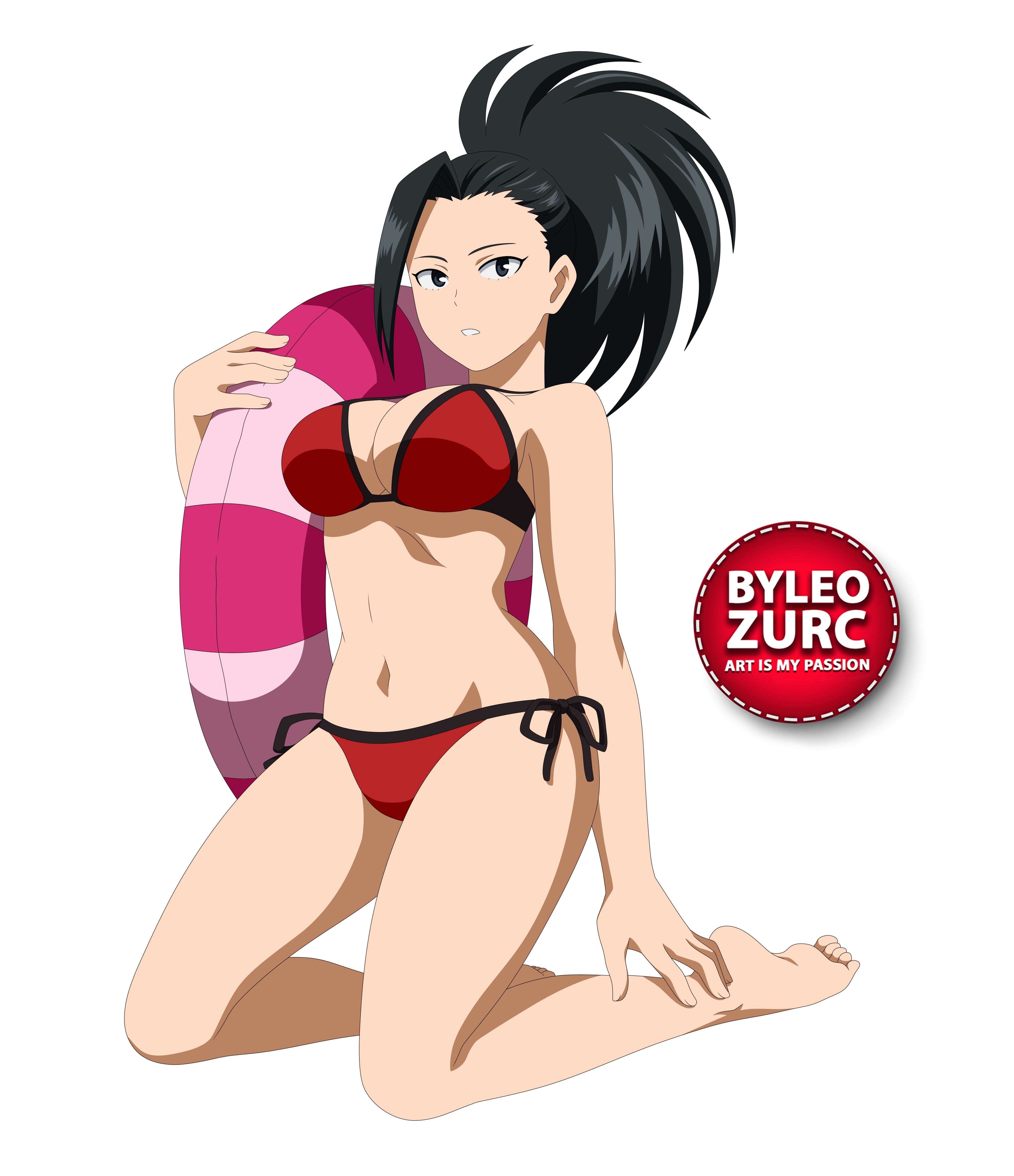 leozurcxxx, yaoyorozu momo, boku no hero academia, 1girl, barefoot, black hair, breasts, feet, panties, solo, swimsuit, transparent background, underwear
