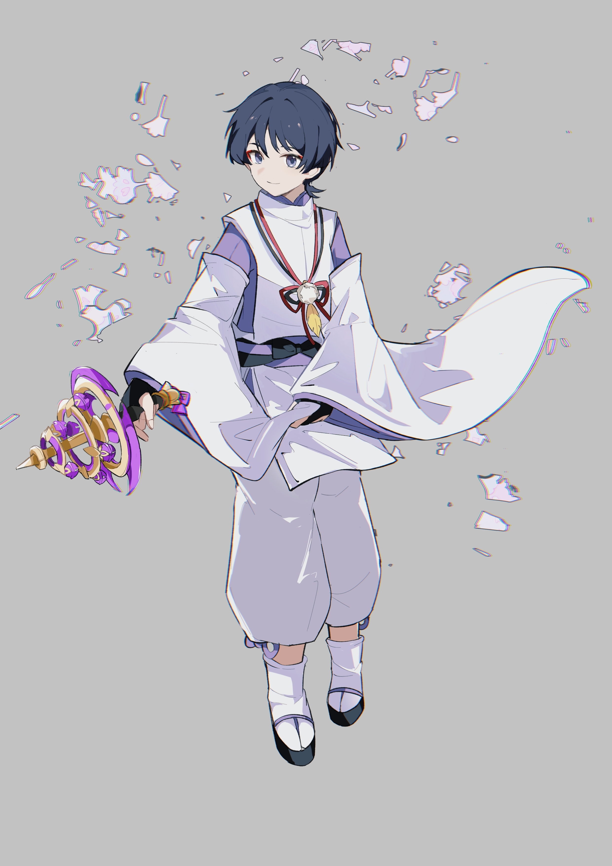 long wind, scaramouche (genshin impact), scaramouche (kabukimono) (genshin impact), genshin impact, absurdres, chinese commentary, commentary, highres, 1boy, arms at sides, bell, belt, black belt, black bow, black bridal gauntlets, black sandals, blunt ends, bow, bridal gauntlets, closed mouth, clothing cutout, eyeliner, eyeshadow, feathers, full body, grey background, grey eyes, holding, holding weapon, japanese clothes, jingle bell, kagura's verity (genshin impact), kagura suzu, kariginu, kimono, layered sleeves, long sleeves, looking at viewer, makeup, male focus, okobo, pants, platform sandals, pom pom (clothes), purple kimono, purple sash, purple sleeves, red eyeliner, red eyeshadow, sandals, sash, shoulder cutout, smile, solo, string, tabi, weapon, white pants, white sleeves, wide sleeves, wispy bangs, yellow feathers