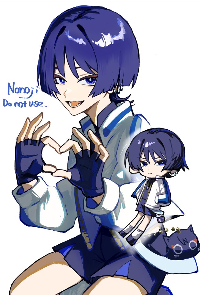 nonoji (nonoji ekaki), scaramouche (cat) (genshin impact), scaramouche (genshin impact), genshin impact, hashtag-only commentary, 1boy, alternate costume, aqua pupils, arms at sides, black gloves, black shirt, black shorts, blue shorts, blue trim, blunt ends, chibi, chibi inset, collared jacket, collared shirt, contemporary, earrings, eyeliner, eyeshadow, fingerless gloves, four-finger heart hands, gloves, hand up, hands in pockets, heart, heart hands, jacket, jewelry, kneeling, layered shorts, long sleeves, looking at viewer, lower teeth only, makeup, male focus, mandarin collar, open mouth, purple eyes, red eyeliner, red eyeshadow, shirt, shorts, socks, solo, teeth, tongue, tsurime, undershirt, watermark, white background, white jacket, white sleeves, white socks, wispy bangs