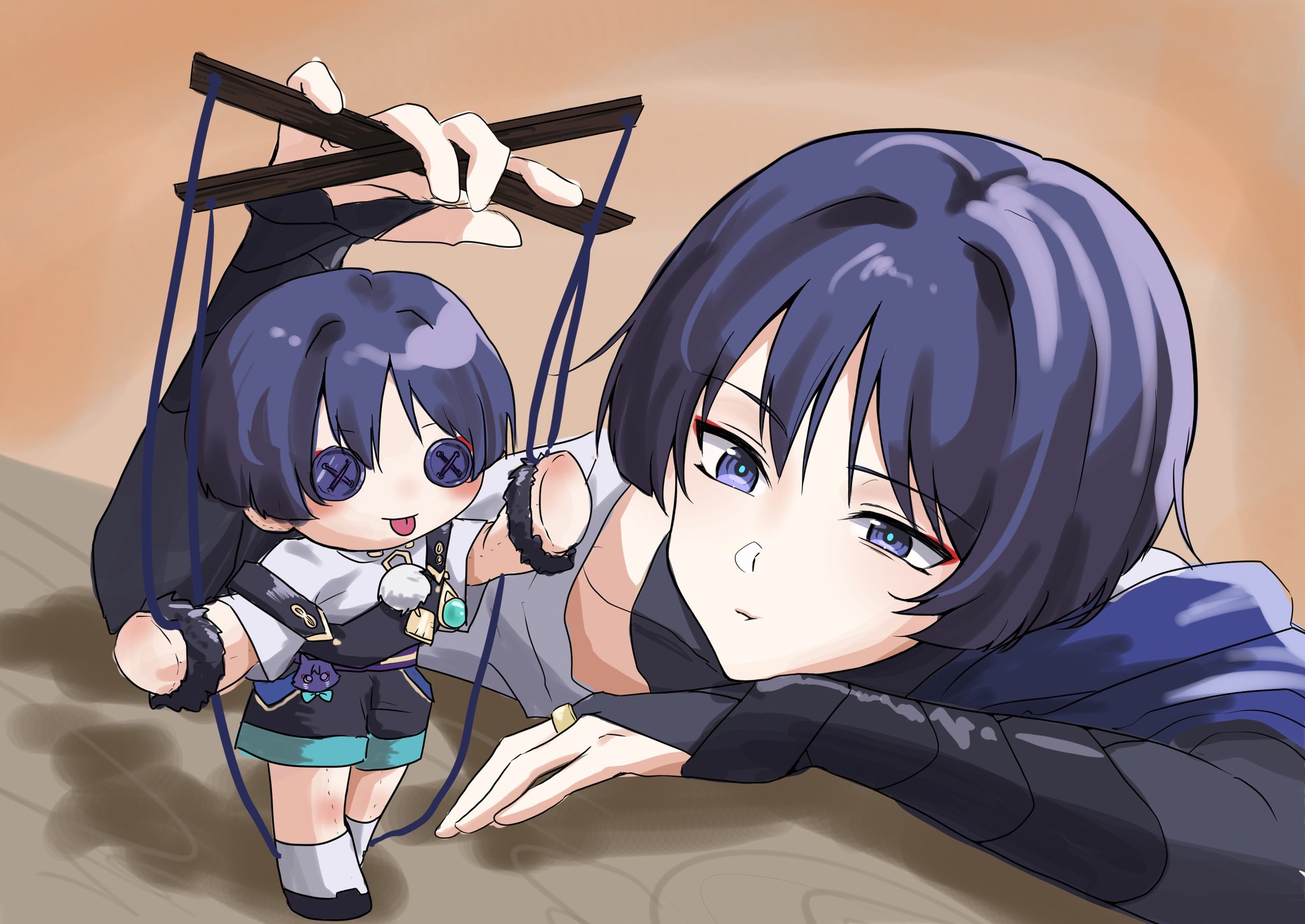 purinigax, scaramouche (cat) (genshin impact), scaramouche (genshin impact), wanderer (genshin impact), genshin impact, highres, 1boy, :t, arm rest, armor, black bodysuit, black bridal gauntlets, blue cape, blue pupils, blunt ends, bodysuit, bridal gauntlets, button eyes, buttons, cape, character doll, cheek bulge, closed mouth, covered collarbone, doll, eyeliner, eyeshadow, gold ring, hand up, head on arm, head rest, japanese armor, japanese clothes, kimono, kote, kurokote, looking at object, makeup, male focus, marionette, marionette controller, middle ring, orange background, puppet, puppet strings, purple eyes, red eyeliner, red eyeshadow, shoulder peek, solo, tsurime, white kimono, wispy bangs