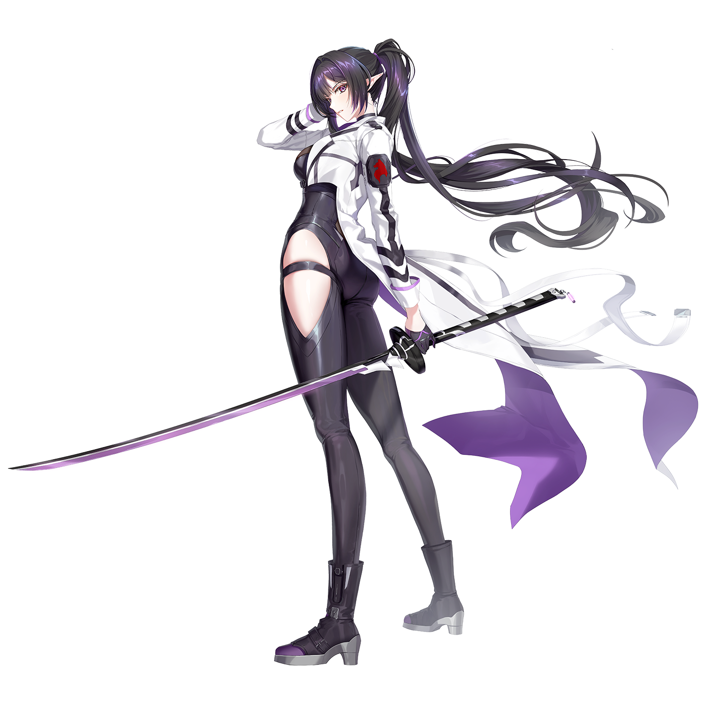 triss (closers), closers, highres, official art, 1girl, ass, belt, black hair, bodysuit, boots, clothing cutout, full body, gloves, halterneck, hand on own head, impossible pants, jacket, leg cutout, pointy ears, ponytail, sideways glance, standing, sword, weapon