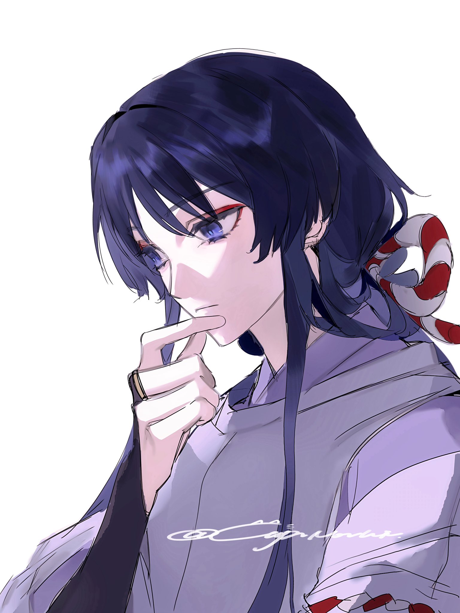 cnorkie, scaramouche (genshin impact), scaramouche (kabukimono) (genshin impact), genshin impact, highres, 1boy, adapted costume, alternate universe, bishounen, black bridal gauntlets, blunt ends, bridal gauntlets, closed mouth, clothing cutout, eyelashes, eyeliner, eyeshadow, gold ring, hand on own chin, hand up, japanese clothes, kariginu, kimono, layered sleeves, long sidelocks, looking down, looking to the side, makeup, male focus, middle ring, portrait, purple eyes, purple kimono, purple sleeves, red eyeliner, red eyeshadow, red rope, rope, rope around arm, shimenawa, shoulder cutout, sidelocks, solo, tsurime, twitter username, white background, white rope, white sleeves, wispy bangs