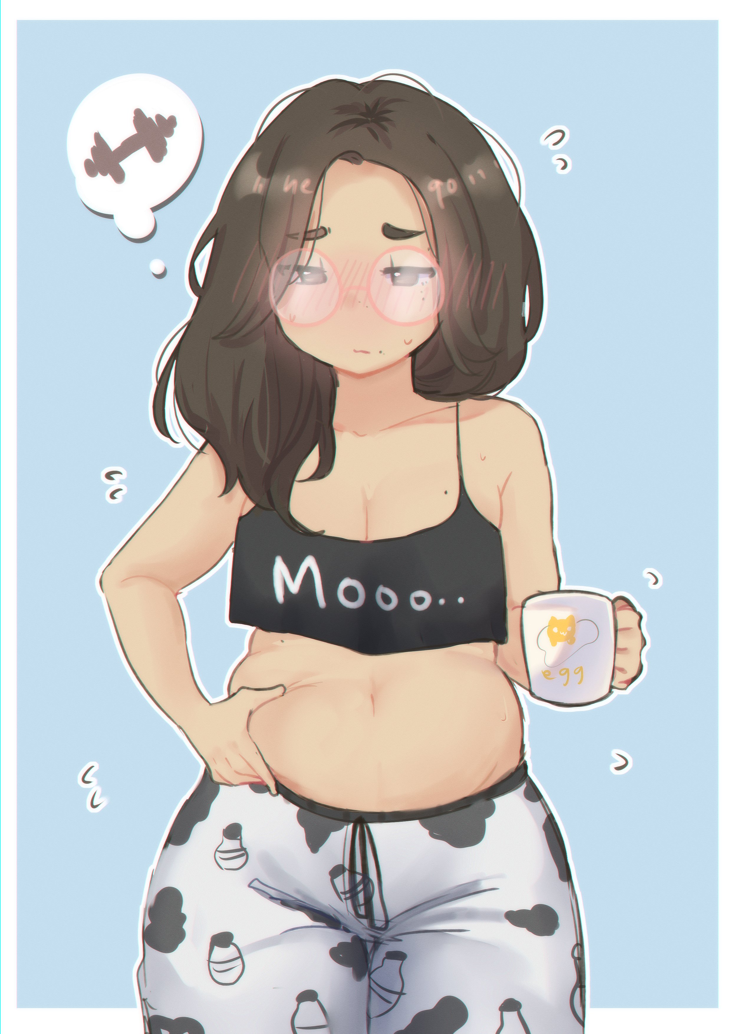 neqo (neneneqo), creator (neneneqo), 1girl, blush, breasts, brown eyes, brown hair, cleavage, crop top, cup, embarrassed, grabbing own stomach, medium breasts, midriff, mole, mole on breast, mole on stomach, mole under eye, mole under mouth, solo, stomach, sweatdrop
