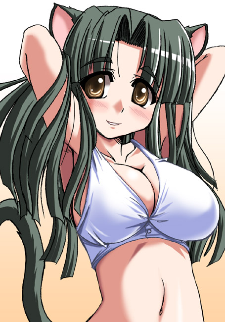 tonpuu, milk (tonpuu), original, animal ears, bikini, breasts, brown eyes, cat ears, cat tail, cleavage, green hair, large breasts, long hair, solo, swimsuit, tail