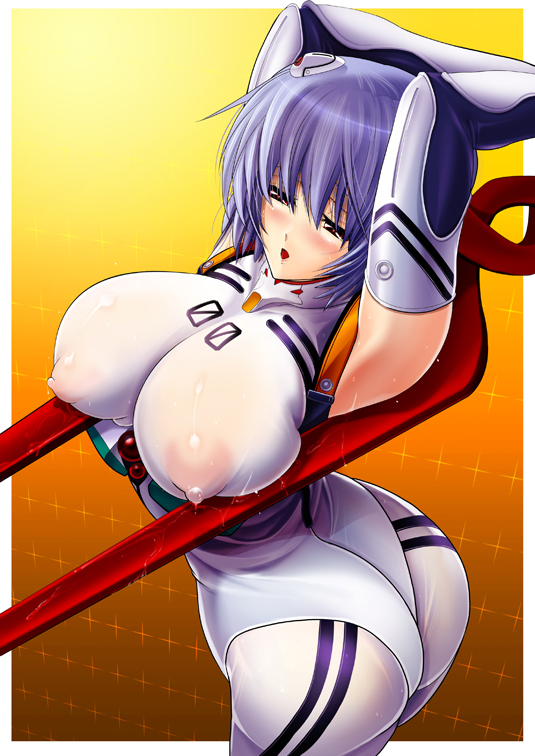 kawaraya a-ta, ayanami rei, neon genesis evangelion, looking away, 1girl, :d, alternate breast size (larger), arched back, armpits, arms behind head, arms up, ass, bident, blue hair, blush, breast press, breasts, covered erect nipples, curvy, elbow gloves, female focus, gem, gloves, hair ornament, huge ass, huge breasts, lance of longinus (evangelion), mecha pilot suit, naughty face, nipples, open mouth, plugsuit (evangelion), polearm, puffy nipples, red eyes, see-through clothes, short hair, skin tight, smile, solo, weapon, wet, wet clothes