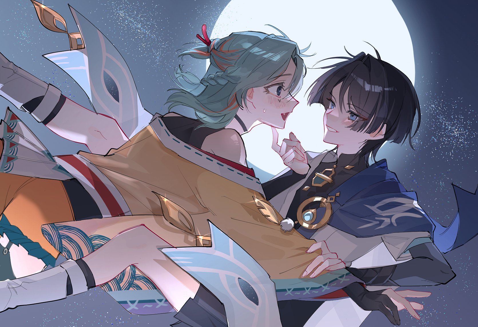 scaramouche (genshin impact), wanderer (genshin impact), genshin impact, original, highres, second-party source, 1boy, 1girl, ahoge, androgynous, aqua hair, aqua trim, armor, between legs, black bodysuit, black bridal gauntlets, black choker, black eyes, black garter belt, black gloves, black hair, black shorts, blue cape, blue eyes, blue gemstone, blue sleeves, blunt ends, blush, bodysuit, braid, bridal gauntlets, cape, choker, clear sky, couple, cranberry11 207, eyeliner, eyeshadow, fang, feathers, fingernails, frilled shorts, frills, full moon, furisode, garter belt, gem, gift art, girl on top, glint, gloves, gold, hair intakes, hakama, hakama shorts, half up braid, hand on another's arm, hand on another's chin, hetero, index finger raised, japanese armor, japanese clothes, kimono, kote, kurokote, layered sleeves, leg warmers, looking at another, makeup, mandarin collar, moon, night, night sky, oc x canon, off shoulder, open mouth, orange shorts, partially fingerless gloves, pleated shorts, pom pom (clothes), purple trim, red eyeliner, red eyeshadow, red sleeves, ribbon-trimmed sleeves, ribbon trim, short sleeves, shorts, single hair intake, sky, star (sky), starry sky, sweatdrop, tsurime, two-sided sleeves, white kimono, white leg warmers, white mouth, white sleeves, white trim, wide-eyed, wispy bangs, yellow feathers, yellow sleeves