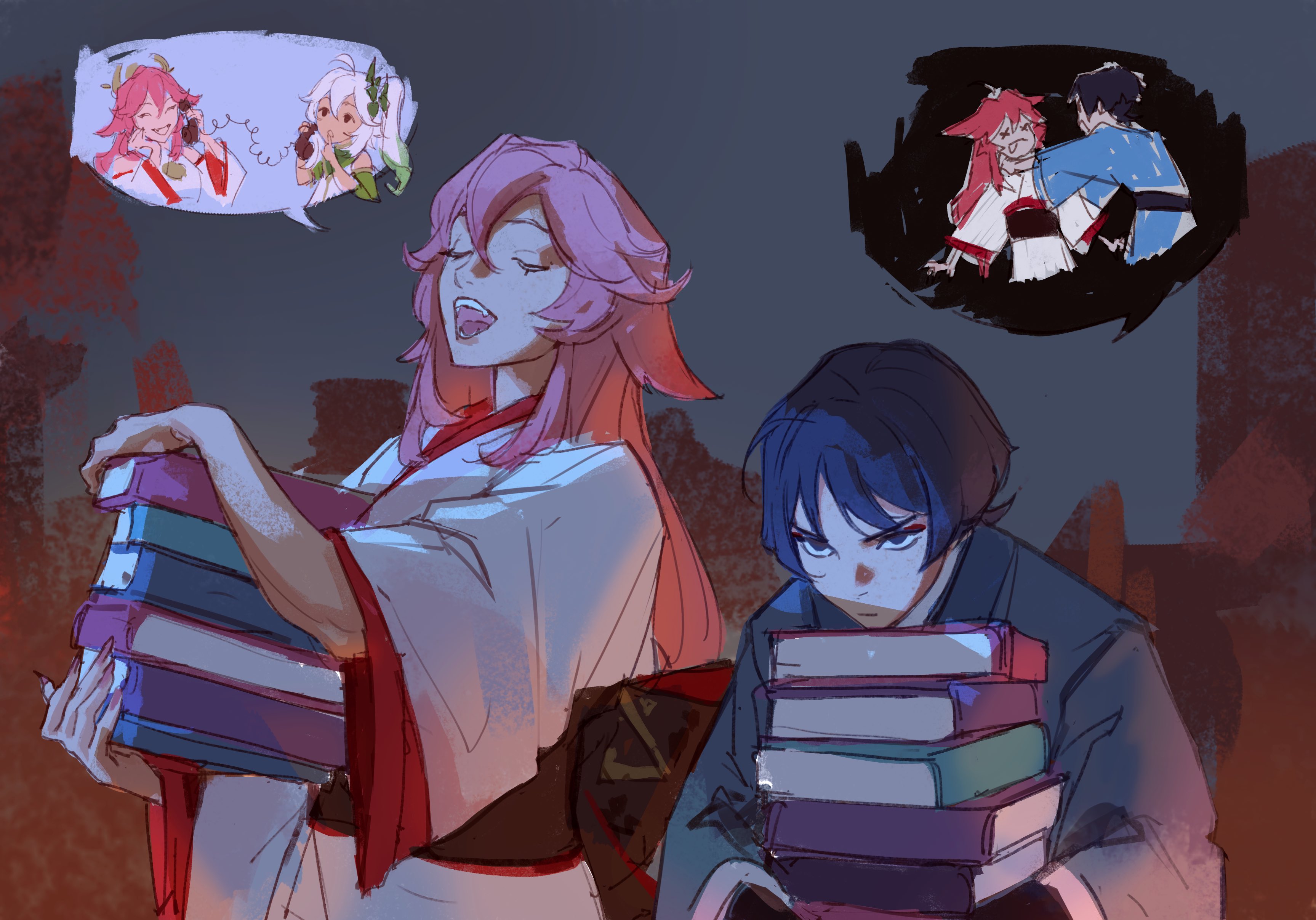 aina (mayexplode), nahida (genshin impact), scaramouche (genshin impact), yae miko, genshin impact, facing up, absurdres, highres, 1boy, 2girls, :p, alternate skin color, alternate universe, armlet, arms at sides, black eyes, black hair, black sash, blue kimono, blunt ends, book, book stack, closed eyes, colored tips, dark-skinned female, dark skin, detached sleeves, dress, empty eyes, eyeliner, eyeshadow, fang, fangs, fingernails, gold trim, green hair, green sleeves, hair between eyes, hair ornament, hand on own face, hands up, holding, holding book, holding phone, index finger raised, japanese clothes, jewelry, kimono, kosode, long hair, makeup, multicolored hair, multiple girls, obi, open mouth, phone, pink hair, pink nails, red eyeliner, red eyeshadow, red kimono, red sleeves, sash, sharp fingernails, side ponytail, sidelocks, skin fang, speech bubble, spoken character, strangling, three-quarter sleeves, tongue, tongue out, white dress, white hair, white kimono, white sleeves, wispy bangs, x x