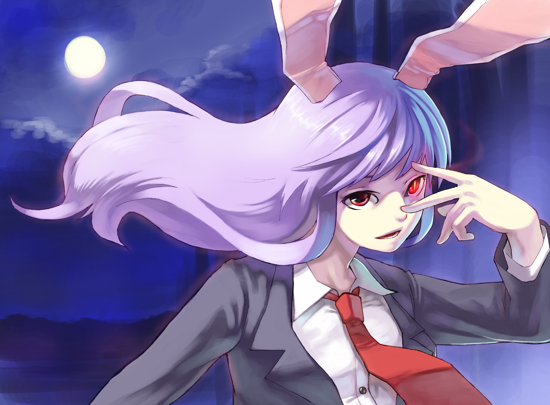 takeda kanryuusai, reisen udongein inaba, touhou, bad id, bad pixiv id, highres, 1girl, animal ears, blazer, female focus, glowing, glowing eye, glowing eyes, jacket, long hair, moon, necktie, purple hair, rabbit ears, red eyes, red necktie, solo