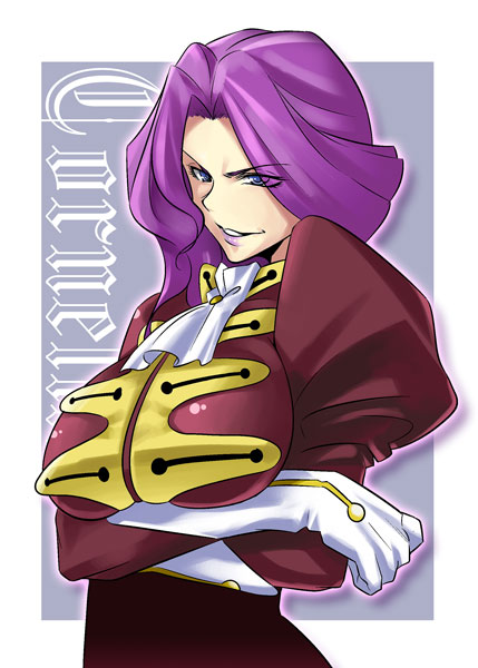 juvecross, cornelia li britannia, code geass, 00s, 1girl, breasts, female focus, gloves, long hair, purple hair, solo