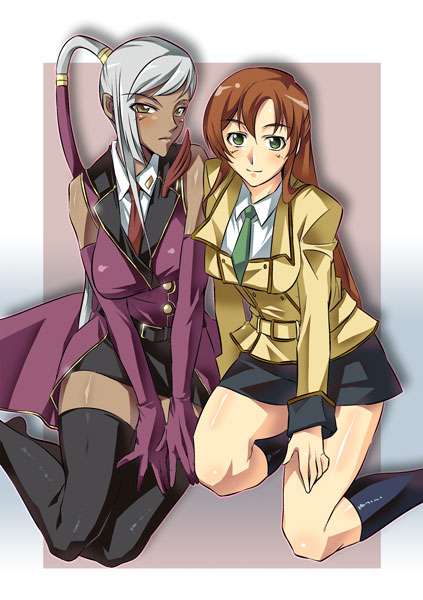 juvecross, shirley fenette, villetta nu, code geass, 00s, 2girls, blush, dark-skinned female, dark skin, green eyes, multiple girls, short hair, sitting, smile, thighhighs