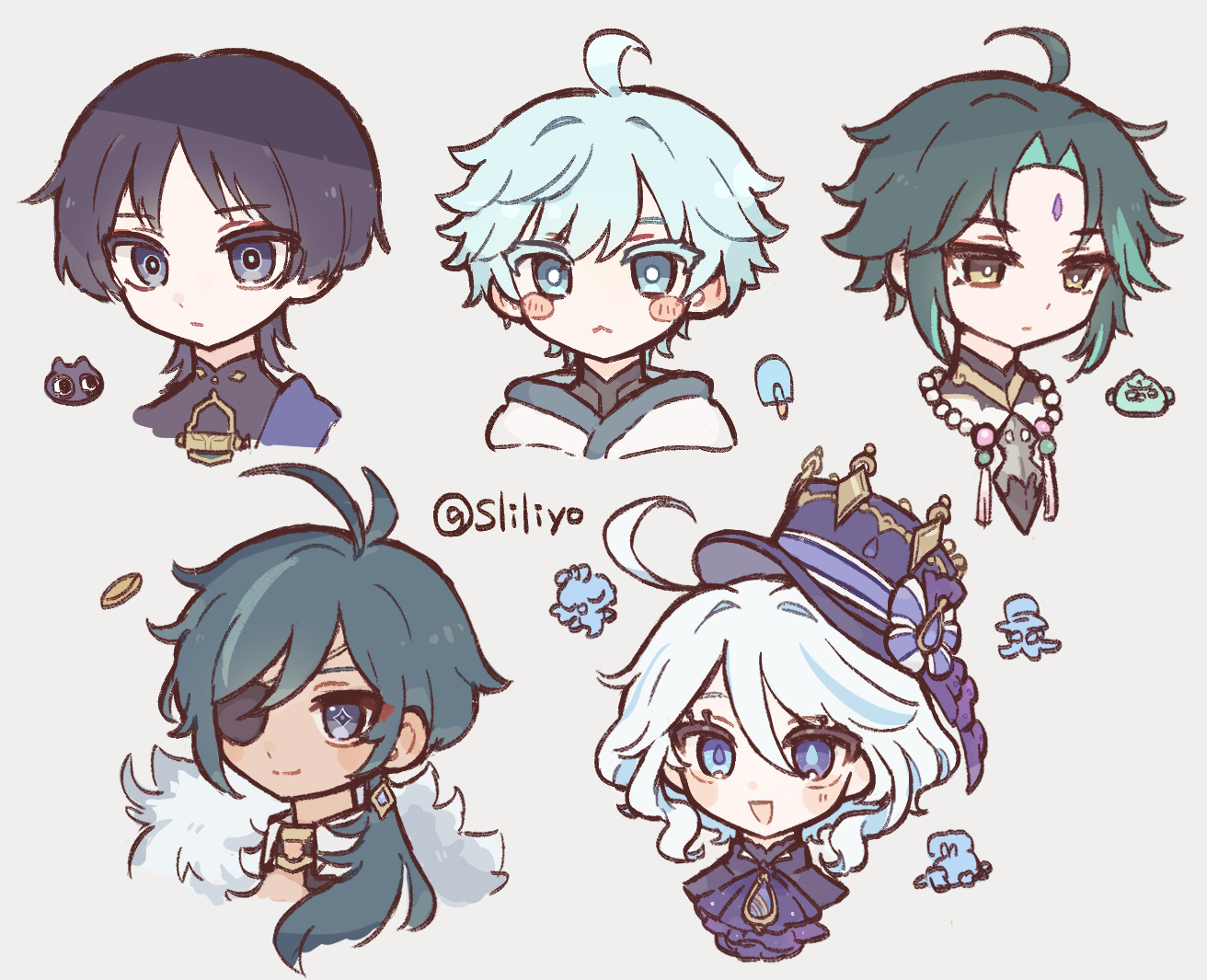 hoshizuki chimama, chongyun (genshin impact), furina (genshin impact), gentilhomme usher, kaeya (genshin impact), mademoiselle crabaletta, scaramouche (cat) (genshin impact), scaramouche (genshin impact), surintendante chevalmarin, wanderer (genshin impact), xiao (bird) (genshin impact), xiao (genshin impact), genshin impact, 1girl, 4boys, :<, ahoge, animalization, antenna hair, aqua hair, ascot, bead necklace, beads, black bodysuit, black cat, black collar, black eyes, black hair, blue bow, blue cape, blue eyes, blue hair, blue pupils, blunt ends, blush stickers, bodysuit, bow, cape, cat, closed mouth, coin, collar, colored eyelashes, cropped head, crystal earrings, curly ends, curtained hair, dark-skinned male, dark skin, diamond-shaped pupils, diamond (shape), drop-shaped pupils, earrings, eyelash ornament, eyeliner, eyepatch, eyeshadow, facial mark, food, forehead mark, fur collar, gold, gold coin, gold earrings, hair between eyes, hair intakes, hat, hat bow, jacket, jewelry, looking at viewer, looking down, looking past viewer, low ponytail, makeup, mandarin collar, mini hat, mini top hat, mismatched pupils, multicolored hair, multiple boys, neck ring, necklace, parted bangs, person and animalization, ponytail, popsicle, purple ascot, purple eyes, purple hat, purple pupils, red eyeliner, red eyeshadow, short hair, smile, streaked hair, swept bangs, symbol-shaped pupils, tassel necklace, top hat, tsurime, twitter username, white background, white collar, white hair, white jacket, wispy bangs, yellow eyes