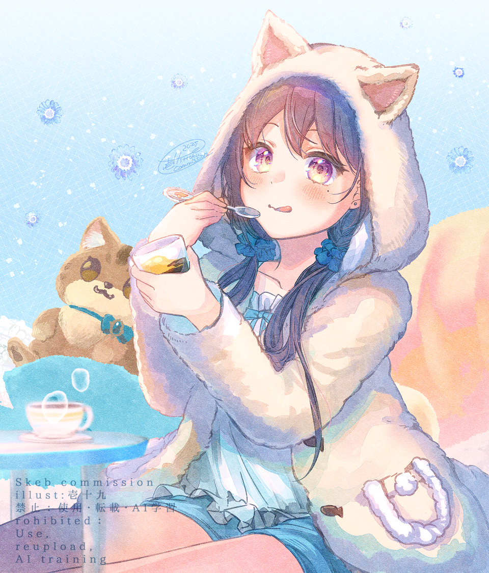 ittokyu, nagino mashiro, indie virtual youtuber, commission, 1girl, :q, animal ears, animal hood, black hair, blue shorts, blush, camisole, closed mouth, cup, fake animal ears, feet out of frame, food, hair over shoulder, holding, holding cup, holding spoon, hood, hood up, hooded jacket, jacket, long hair, looking at viewer, low twintails, pudding, purple eyes, shorts, sitting, smile, solo, spoon, stuffed animal, stuffed toy, table, tongue, tongue out, twintails, virtual youtuber, white camisole, white jacket