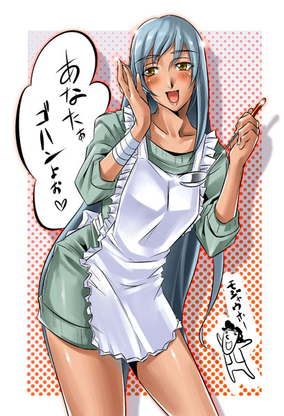 juvecross, villetta nu, code geass, silver hair, translated, 00s, apron, bandages, blush, dark skin, sweater