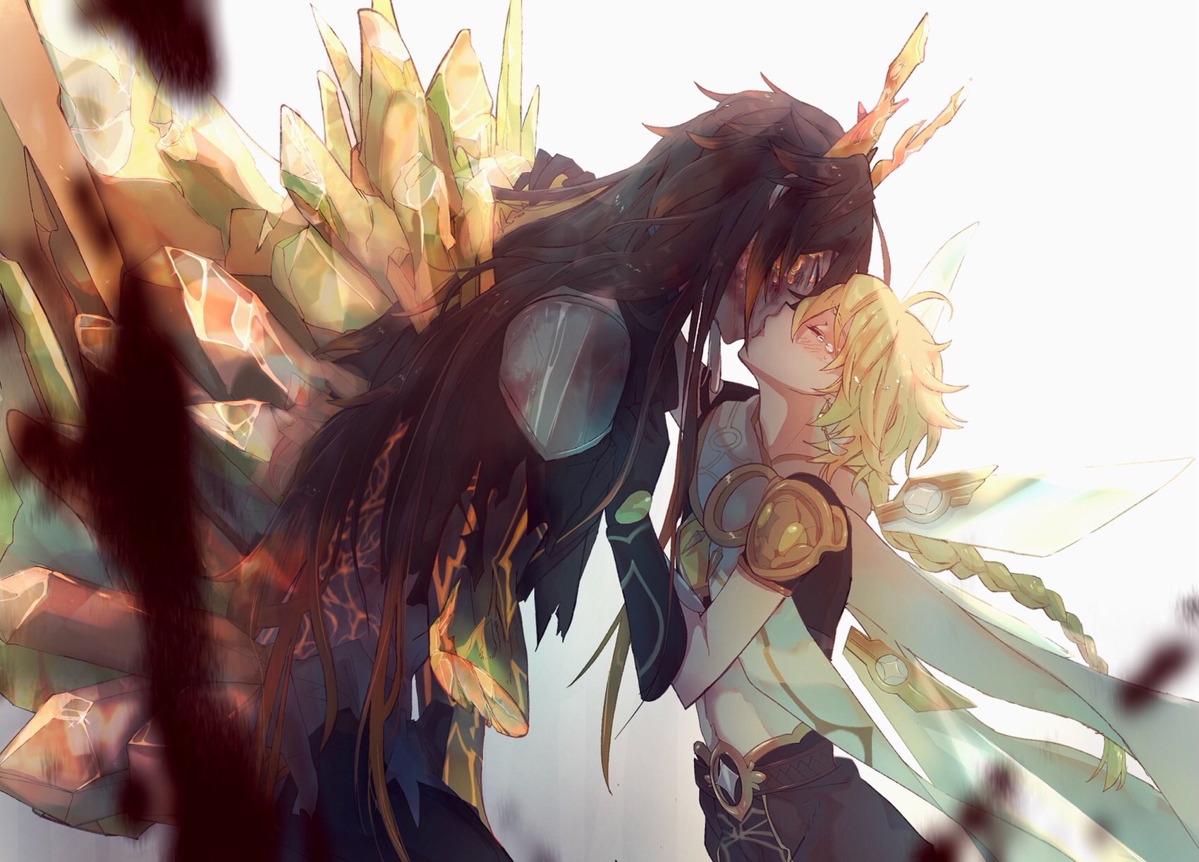 hinata0313, aether (genshin impact), zhongli (archon) (genshin impact), zhongli (genshin impact), genshin impact, commentary request, highres, partial commentary, 1boy, 2boys, ahoge, black gloves, black hair, blonde hair, braid, braided ponytail, cape, closed eyes, crystal, gloves, horns, kiss, long hair, male focus, midriff, multiple boys, white cape, yaoi