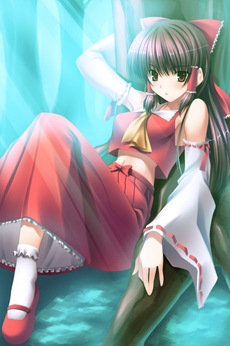 takeda aranobu, hakurei reimu, touhou, highres, 1girl, armpits, bow, brown eyes, brown hair, detached sleeves, female focus, forest, hair bow, japanese clothes, midriff, midriff peek, miko, nature, navel, outdoors, short hair, solo