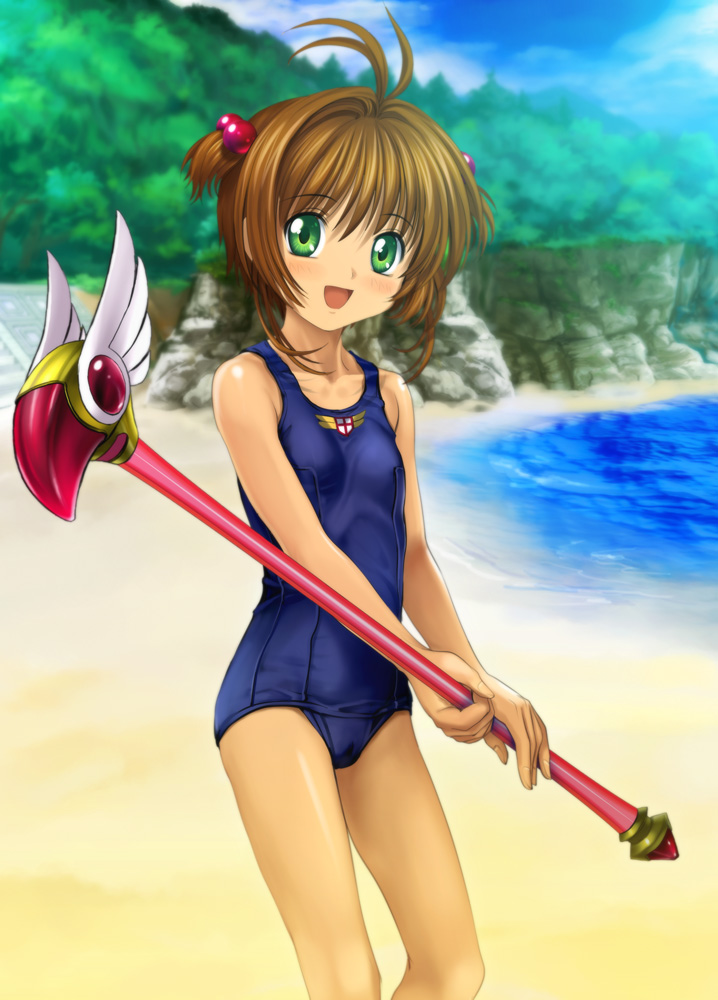 mutsuki (moonknives), kinomoto sakura, cardcaptor sakura, kodansha, bad id, bad pixiv id, 1990s (style), 1girl, antenna hair, beach, blue one-piece swimsuit, brown hair, cameltoe, cowboy shot, day, female focus, fuuin no tsue, green eyes, hair bobbles, hair bun, hair ornament, loli, magical girl, one-piece swimsuit, open mouth, outdoors, retro artstyle, school swimsuit, short hair, single hair bun, smile, solo, staff, standing, swimsuit, two side up, wand, water